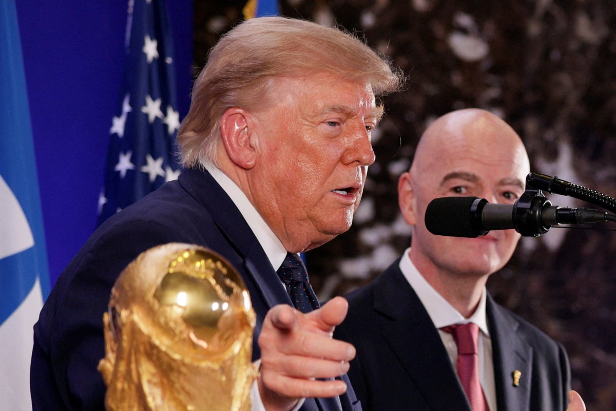 Donald Trump speaking at a Fifa reception before the World Cup final