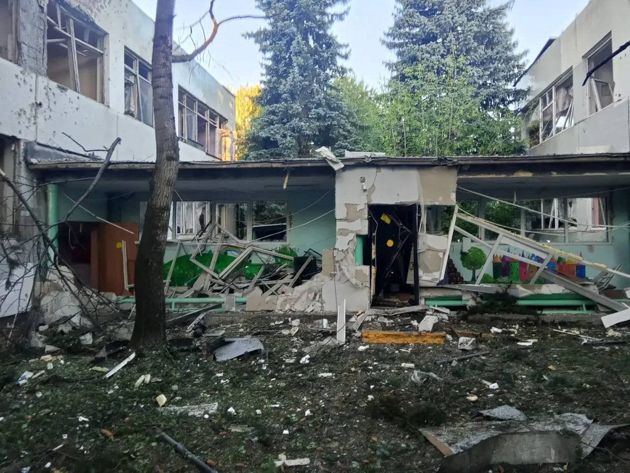 A damaged building of a kindergarten following a Ukrainian drone attack, according to regional authorities