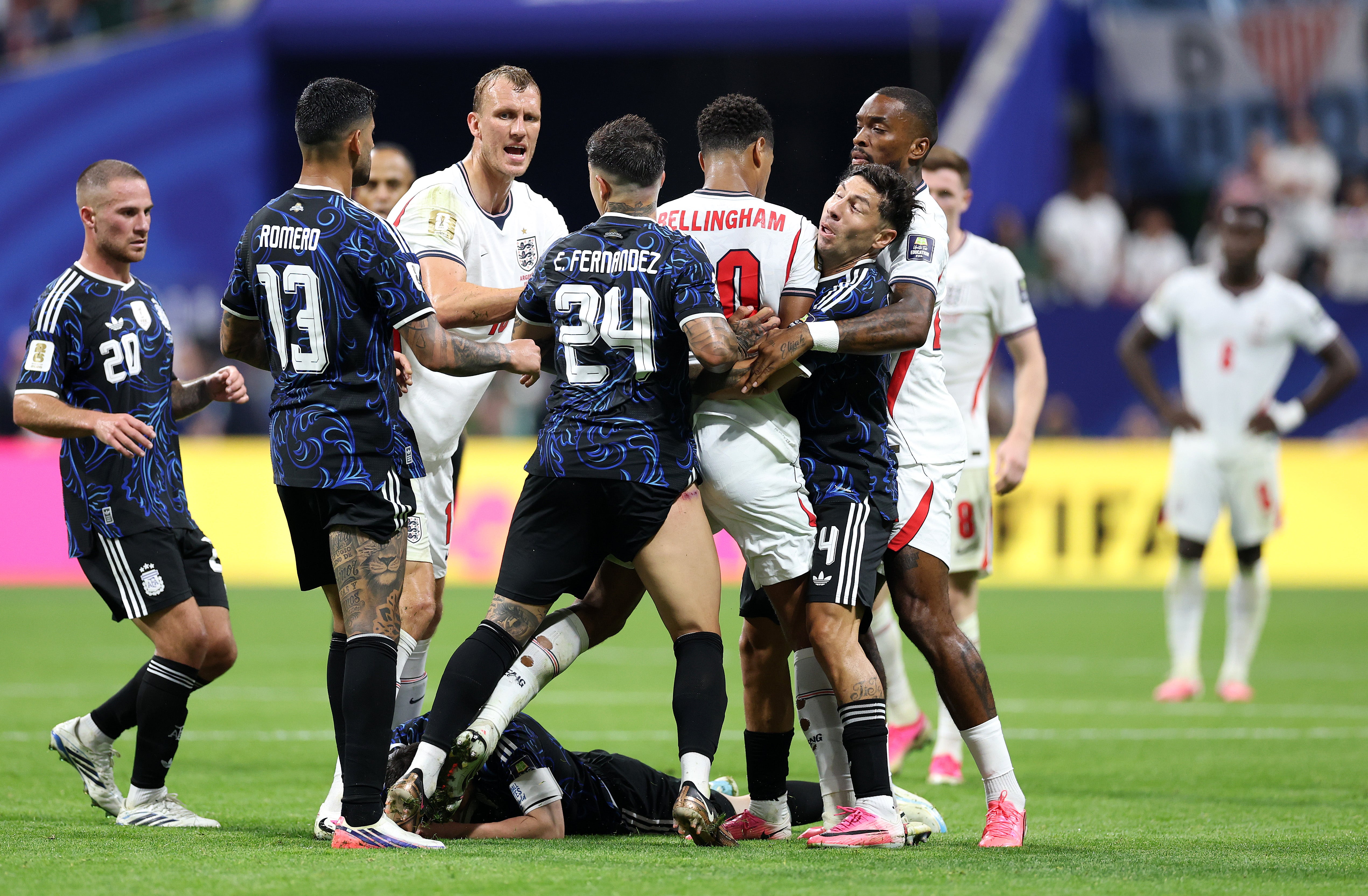 Players square off as Lionel Messi of Argentina is fouled (Getty)