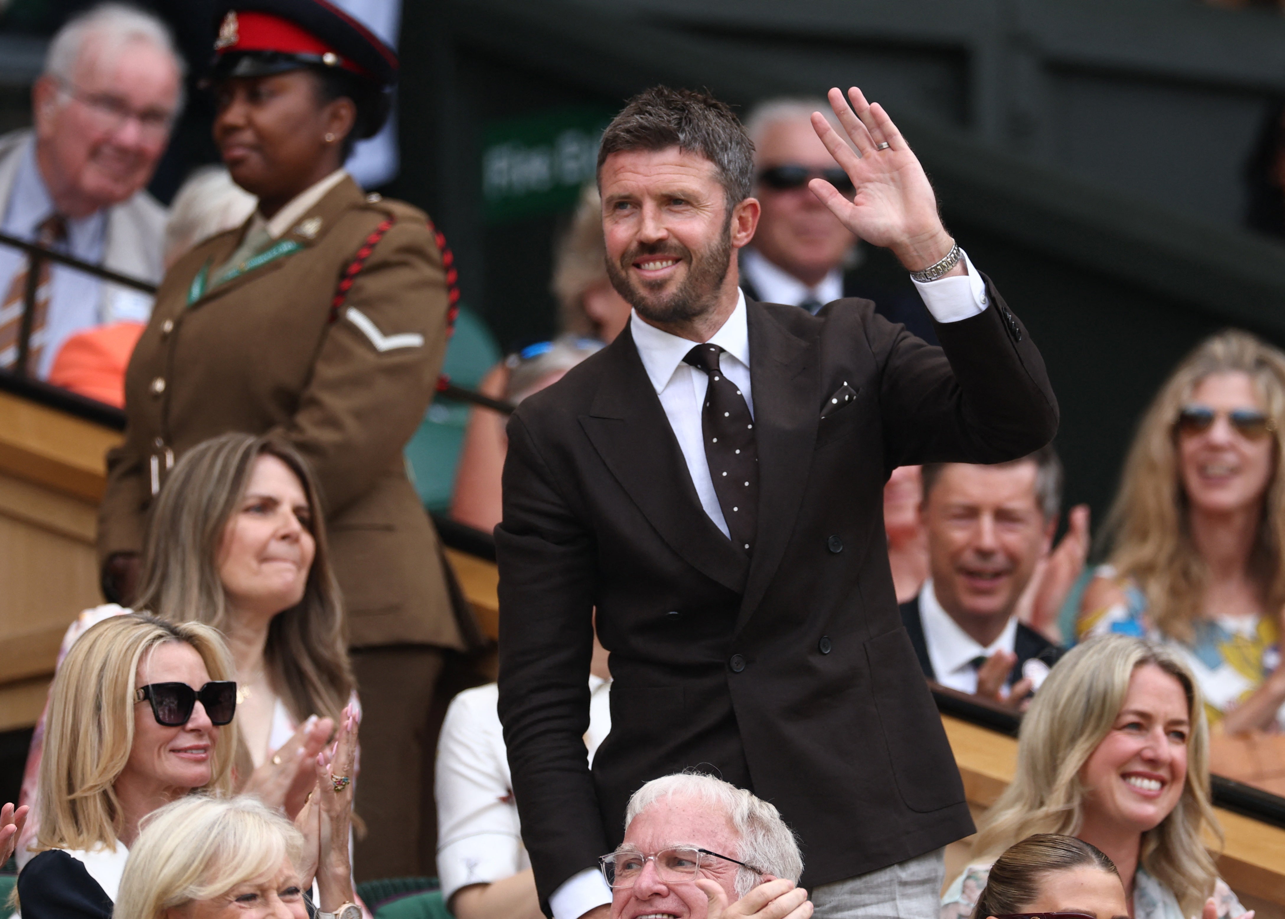 Michael Carrick, Manager of Manchester United, is seen in the royal box at Wimbledon
