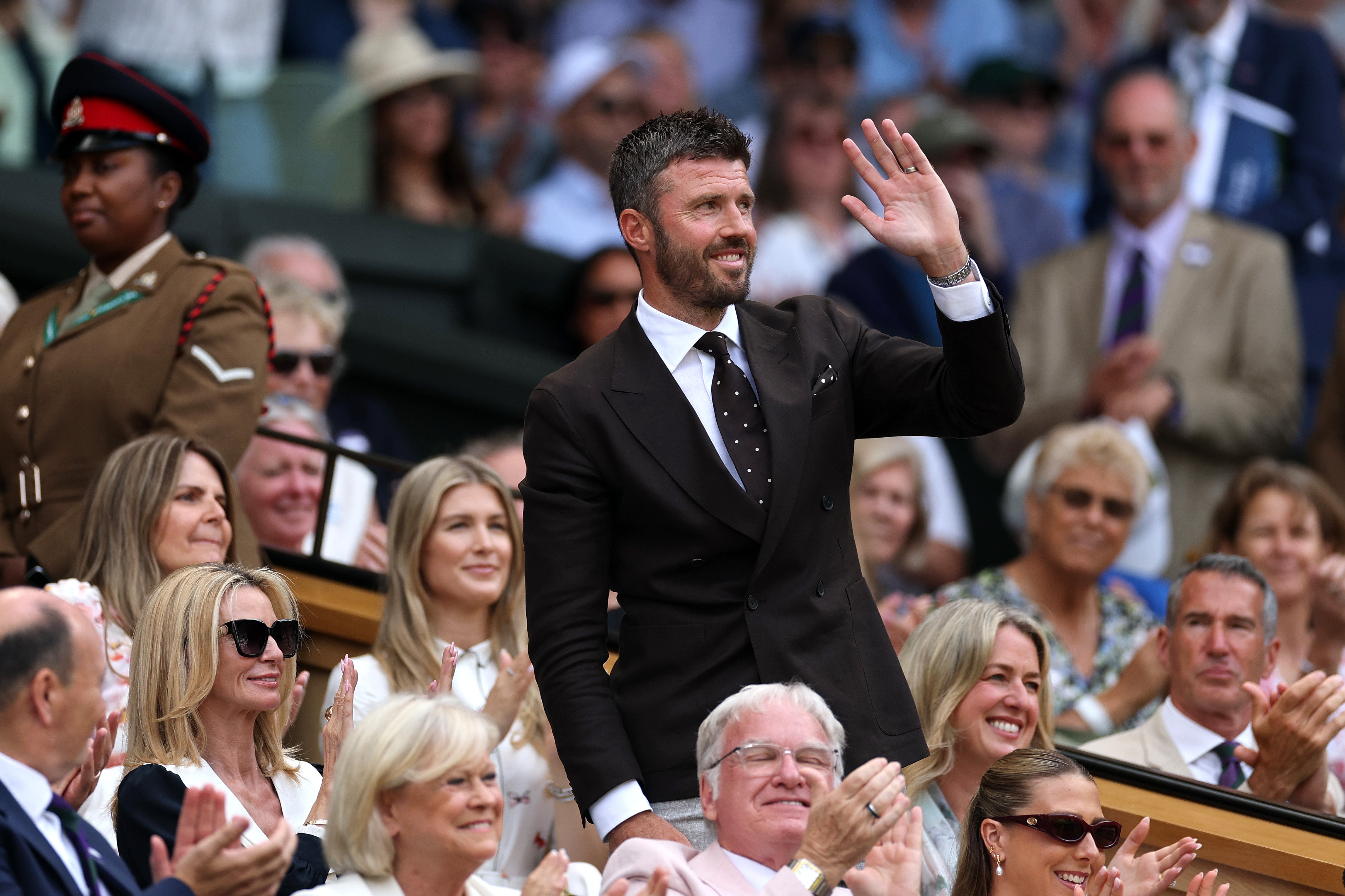 Michael Carrick, Manager of Manchester United, is seen in the royal box at Wimbledon