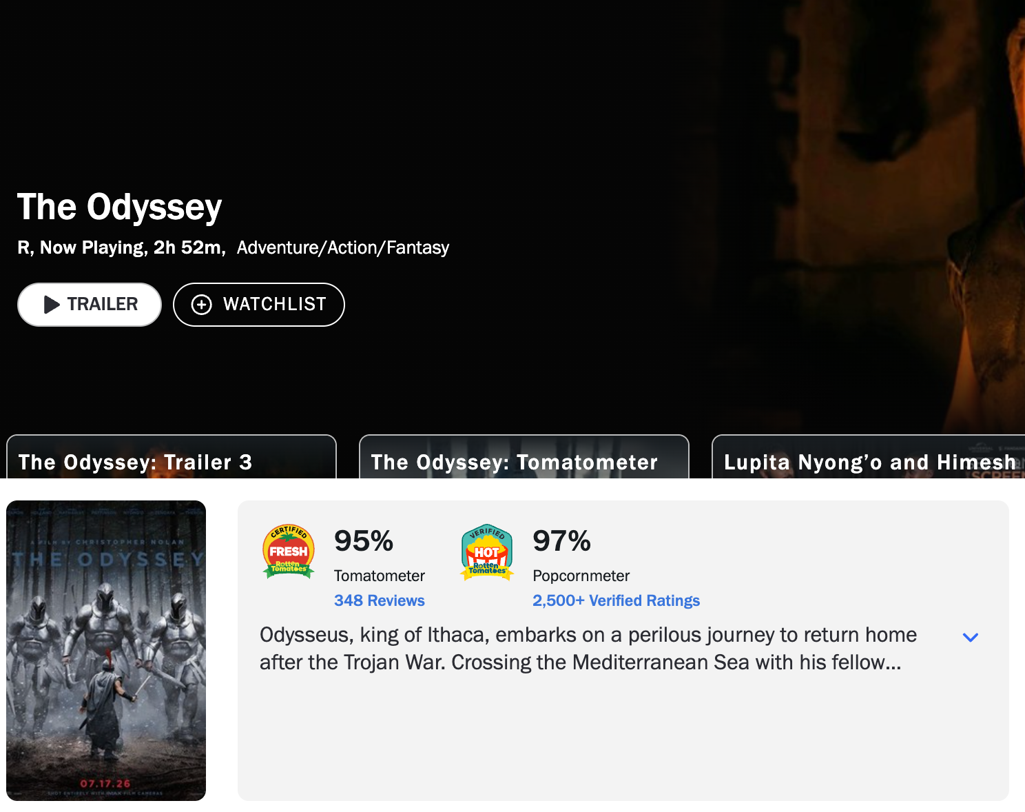 'The Odyssey' has a very high Rotten Toamtoes score