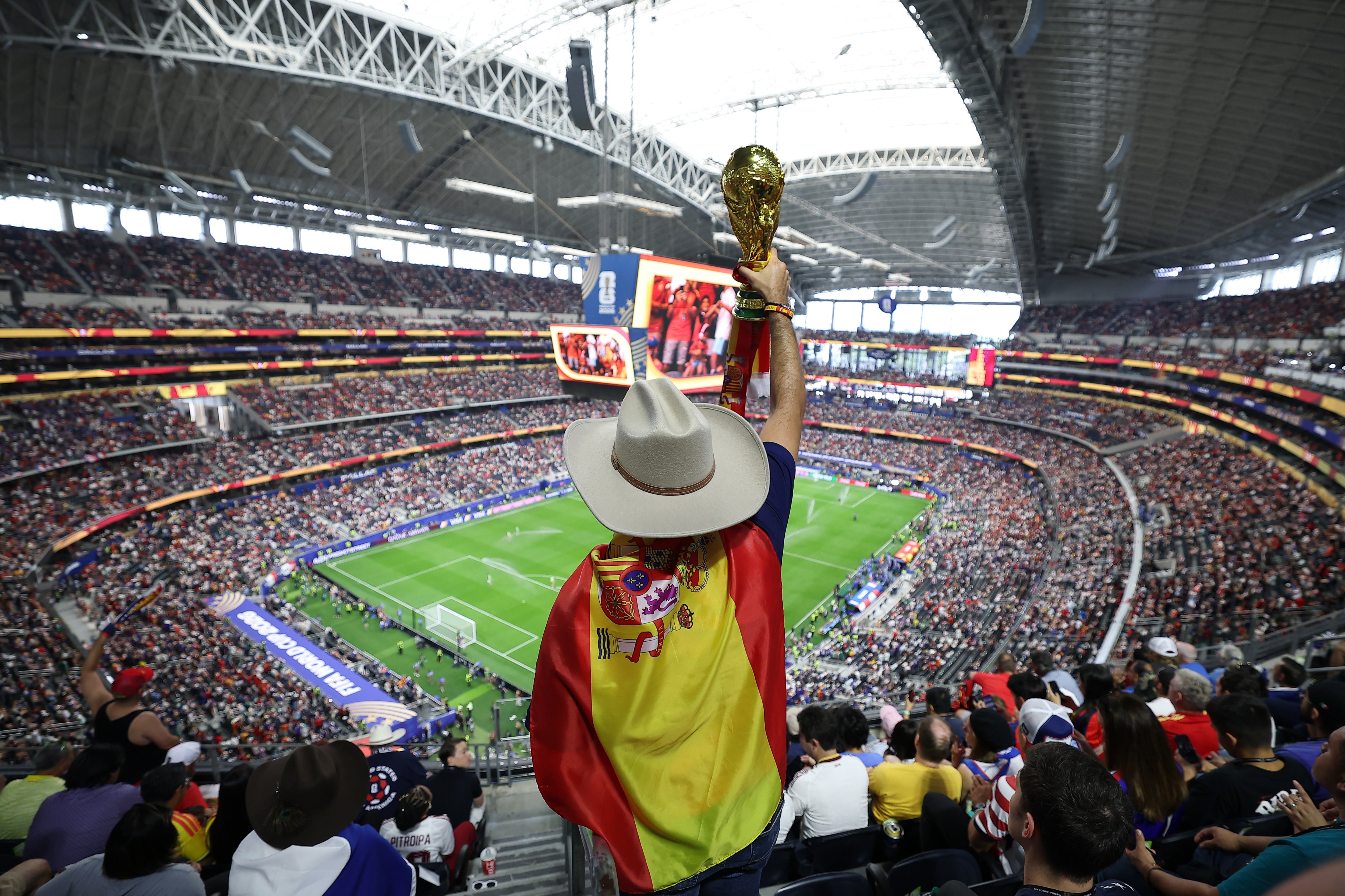 Fans of Spain show their support during the FIFA World Cup 2026 Semi Final match between France and Spain at Dallas Stadium on July 14, 2026 in Arlington, Texas