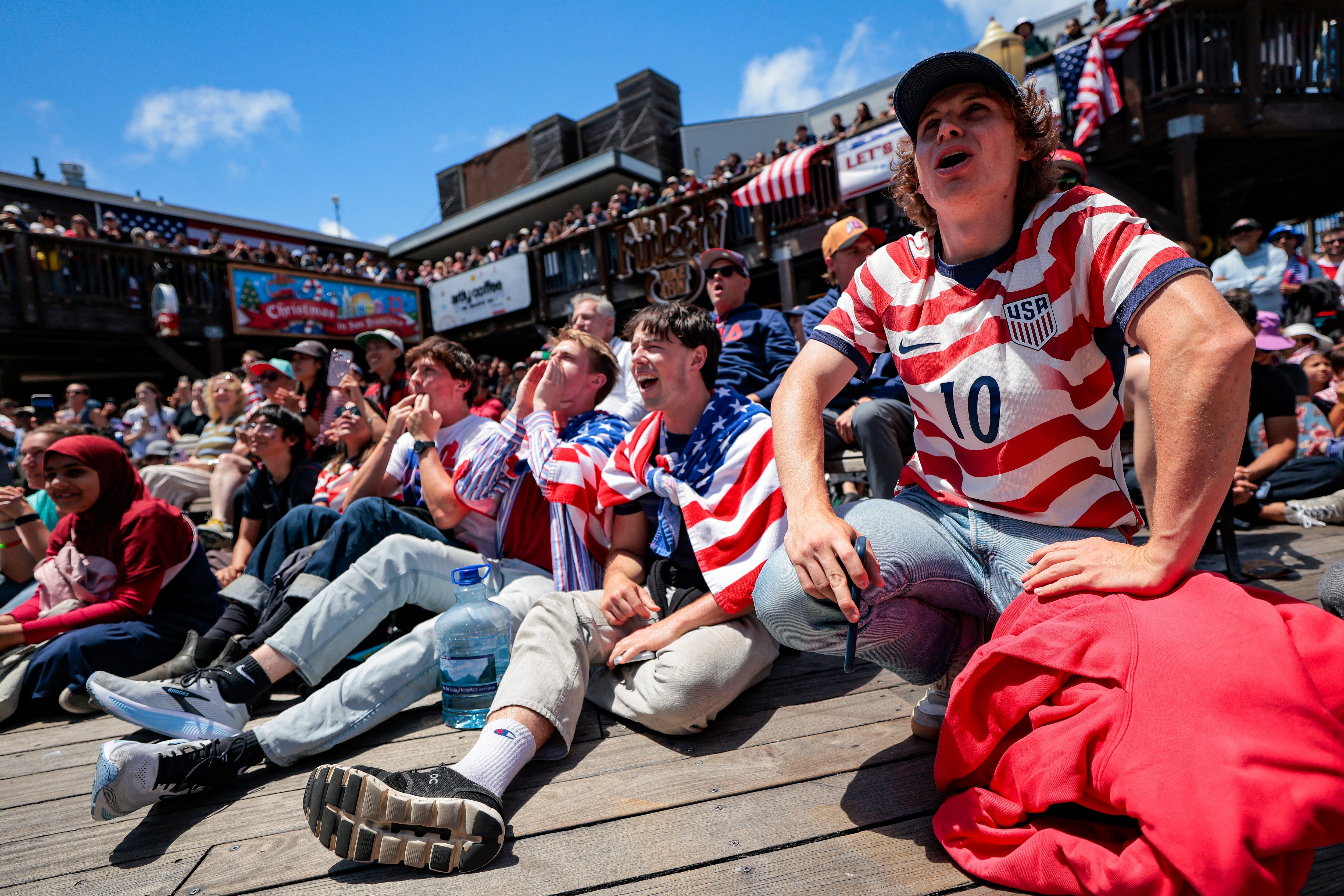 USA fans attend a watch party at Pier 39 for the FIFA World Cup 2026 Group D match against Australia on June 19, 2026 in San Francisco, California