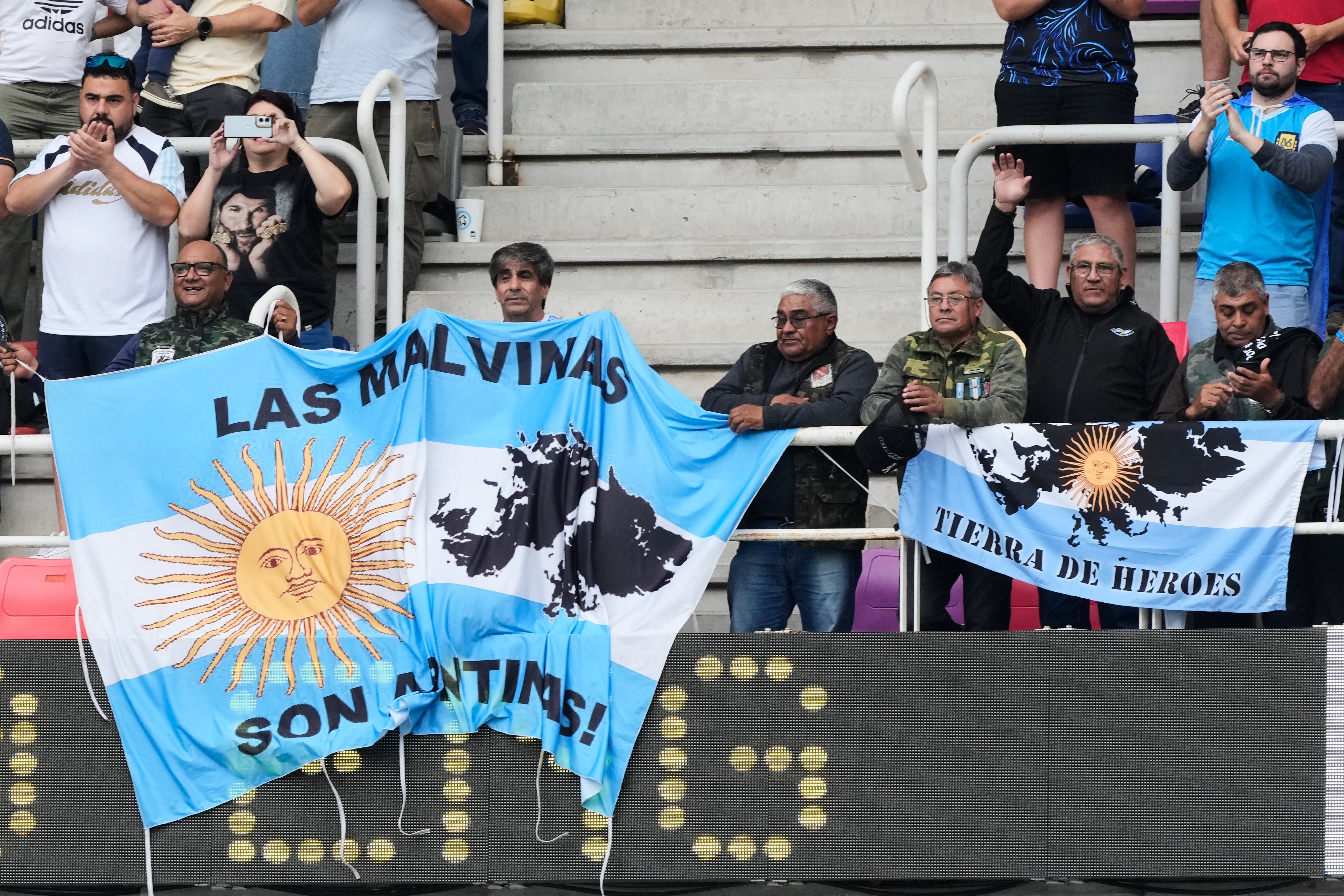 A banner referencing the Falkland Islands in Santiago del Estero (AP)