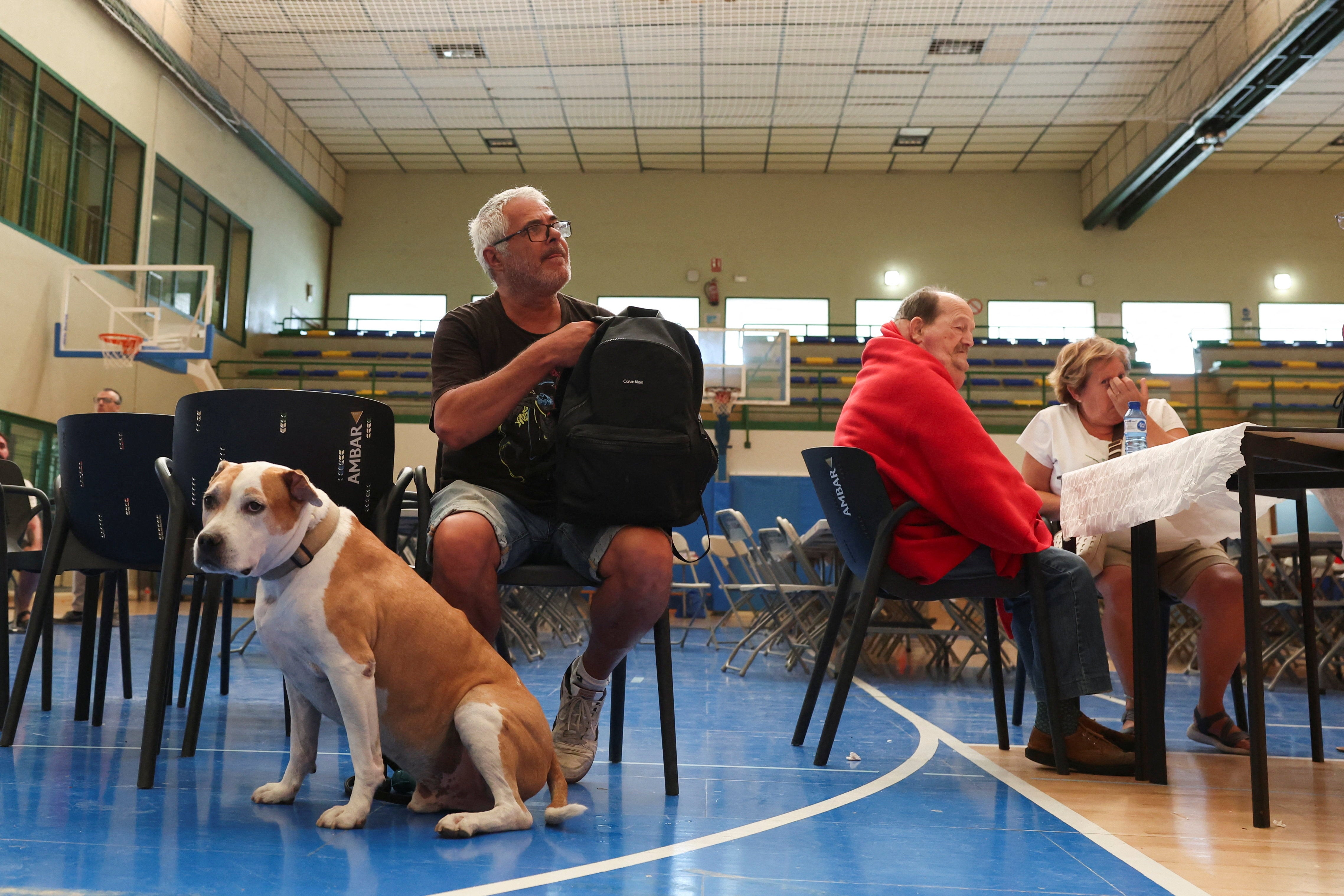 Moises, evacuated from the village of Asin, awaits with his dog Thor at a municipal sports centre turned into a temporary shelter in the town of Ejea de los Caballeros