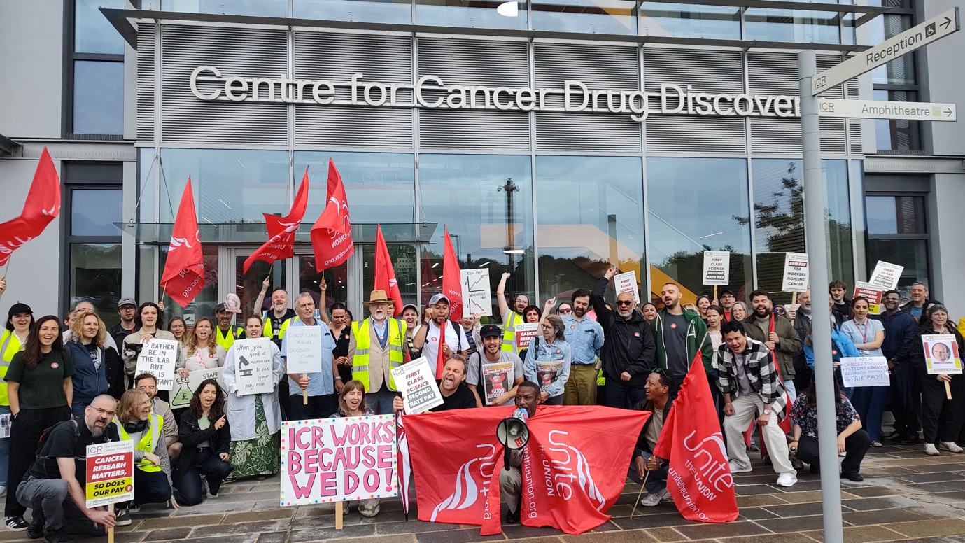 Staff from the Institute of Cancer Research striking over pay (ICR Unite reps/PA)