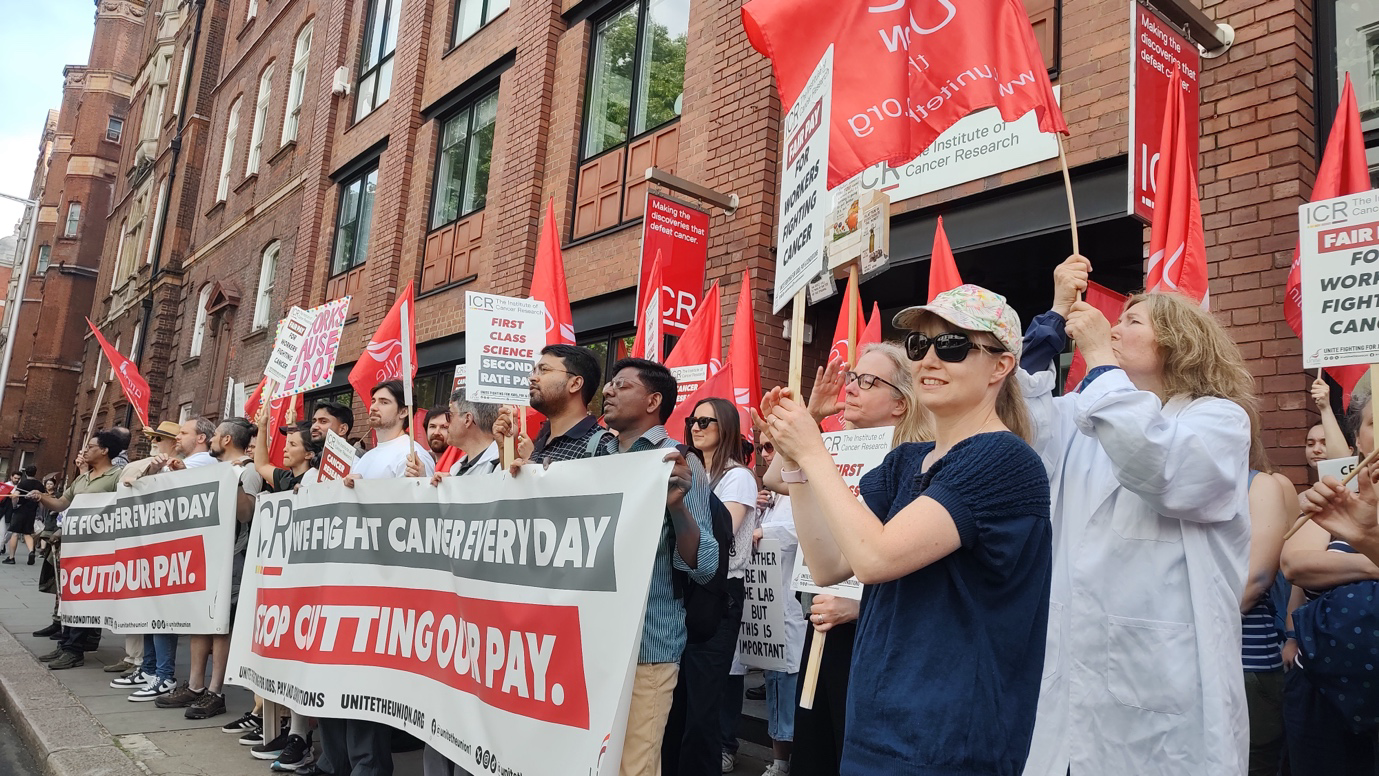 Staff from the Institute of Cancer Research striking over pay (ICR Unite reps/PA)