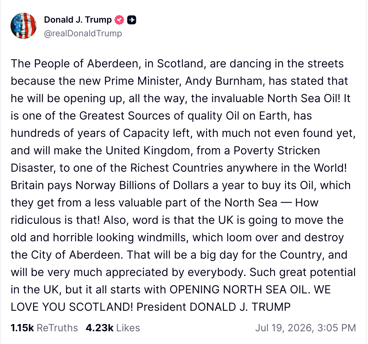 Donald Trump posted about Burnham’s plans for North Sea oil and gas licences
