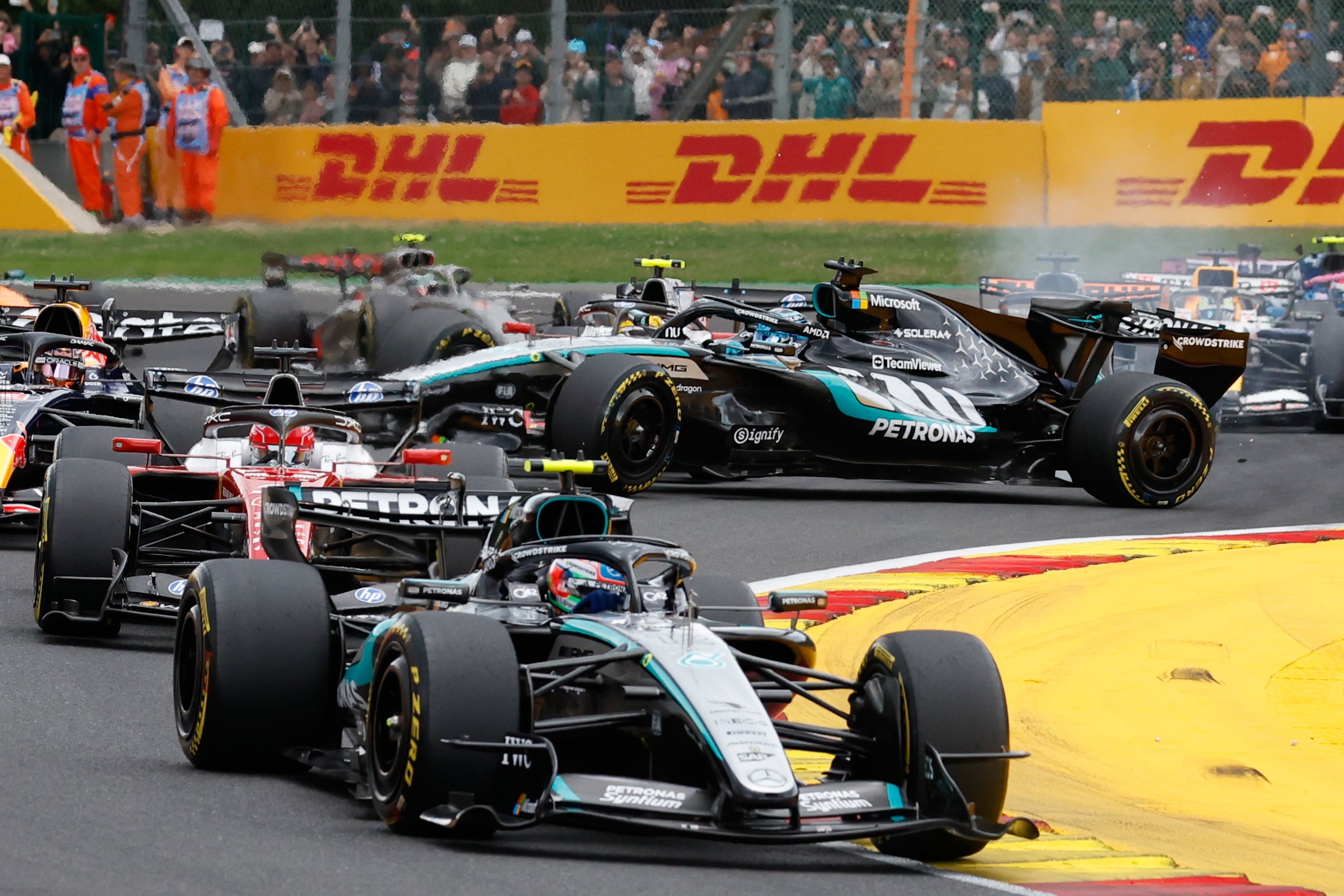 Hamilton and Russell collided, leading to the Mercedes driver being eliminated from the race (AP Photo/Geert Vanden Wijngaert)