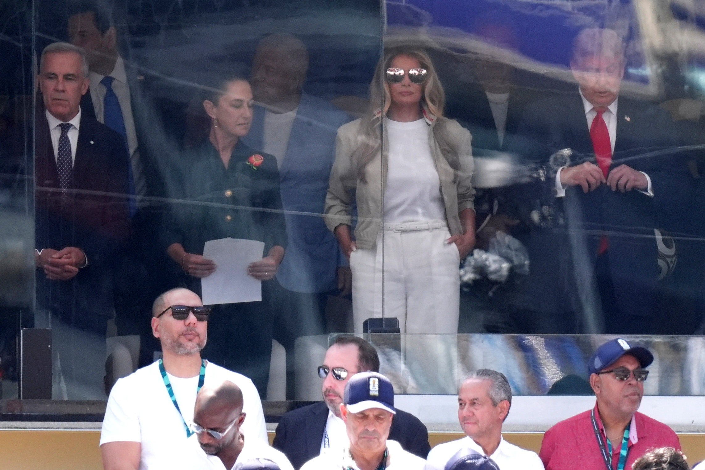 Canada's Prime Minister Mark Carney, from left, Mexico's President Claudia Sheinbaum, first lady Melania Trump and President Donald Trump attend the World Cup championship final soccer match between Spain and Argentina in East Rutherford