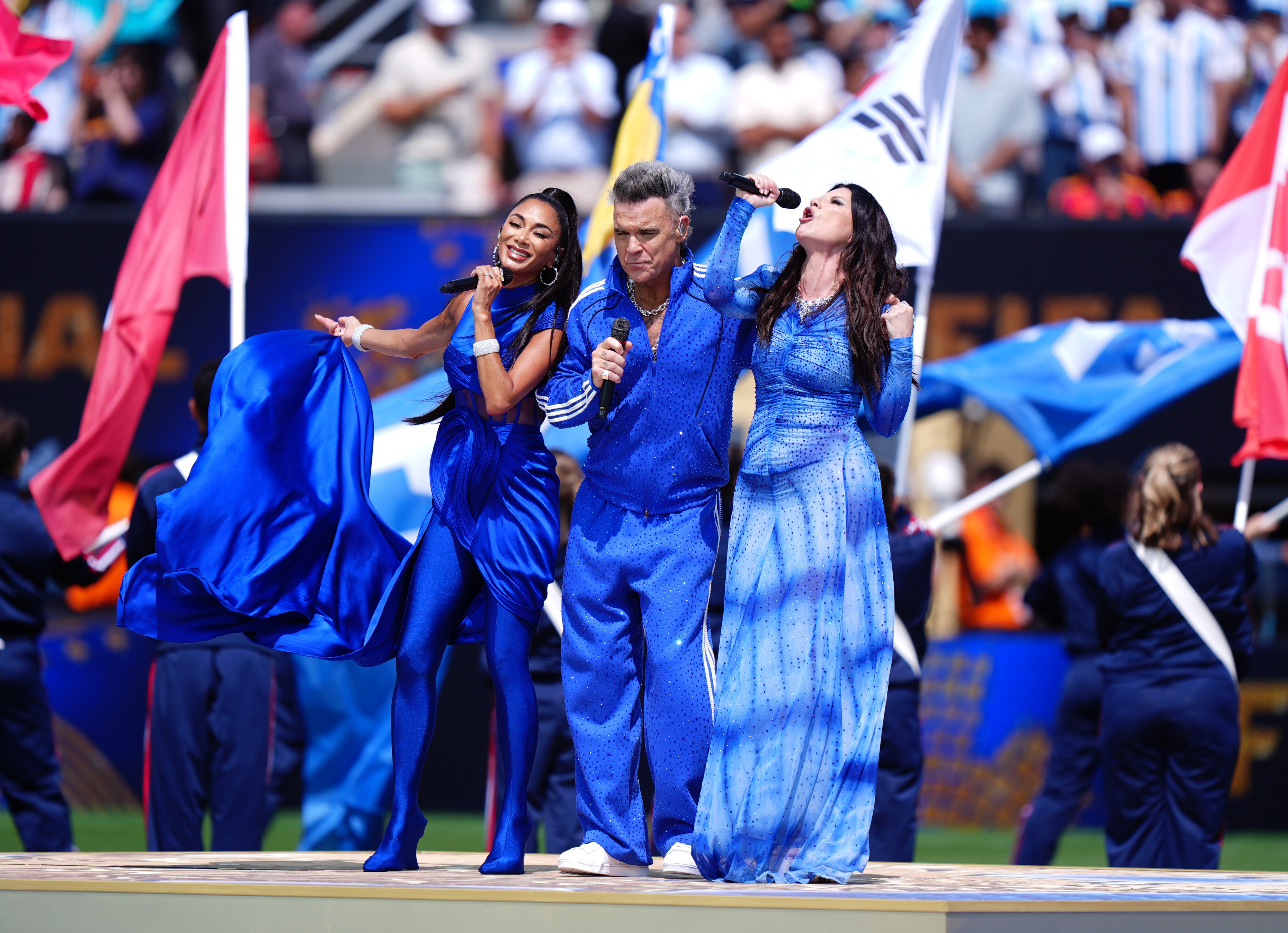 Nicole Scherzinger, Robbie Williams and Laura Pausini perform ahead of the FIFA World Cup 2026 final