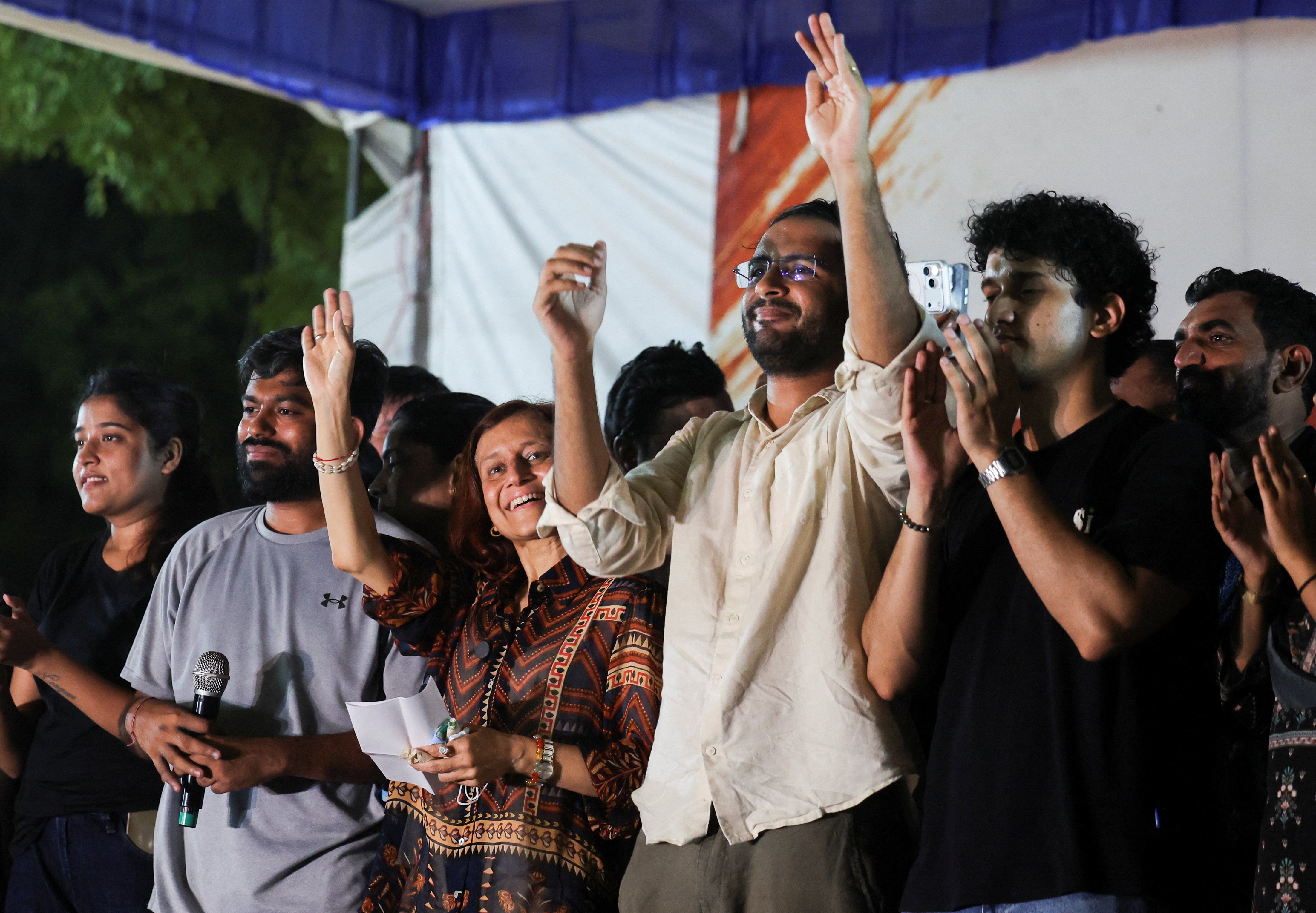 Abhijeet Dipke, head of the Cockroach Janta Party, and Gitanjali J Angmo, wife of Indian education reformer Sonam Wangchuk, at the protest site