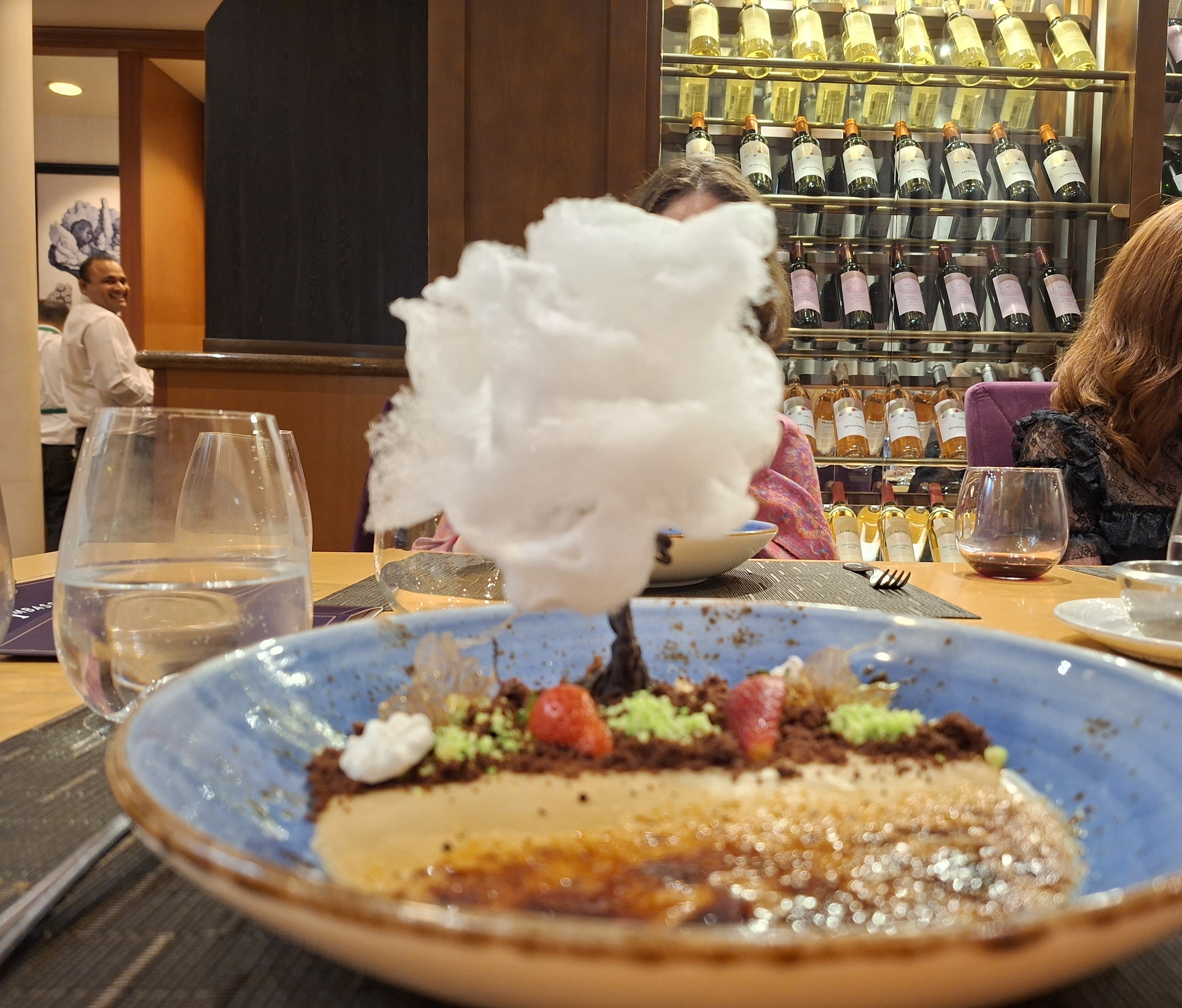 The candyfloss tree had a chocolate trunk and decorated a bowl of creme brulee