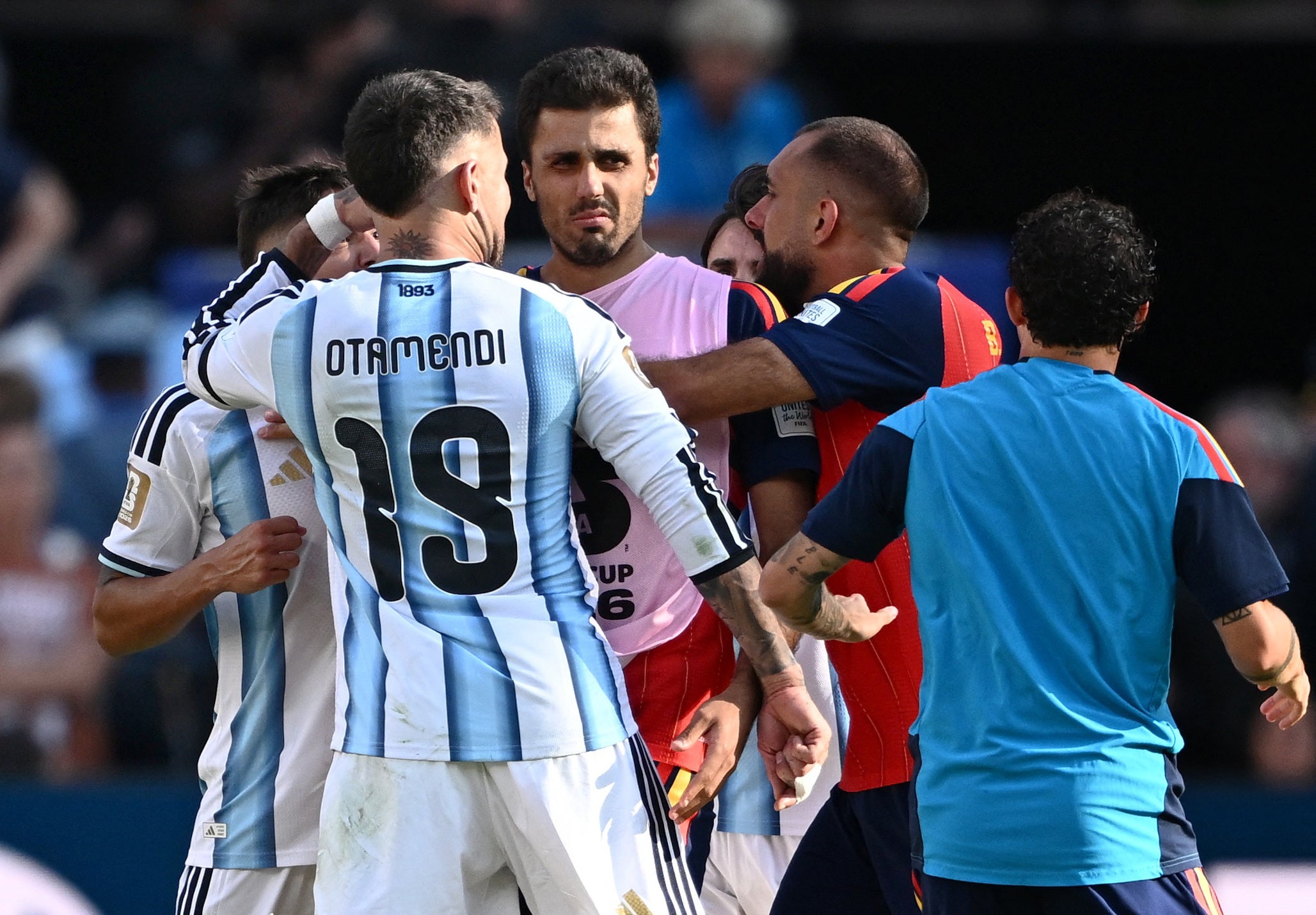 Spain's Rodri and Argentina's Nicolas Otamendi clash after the match (Reuters)
