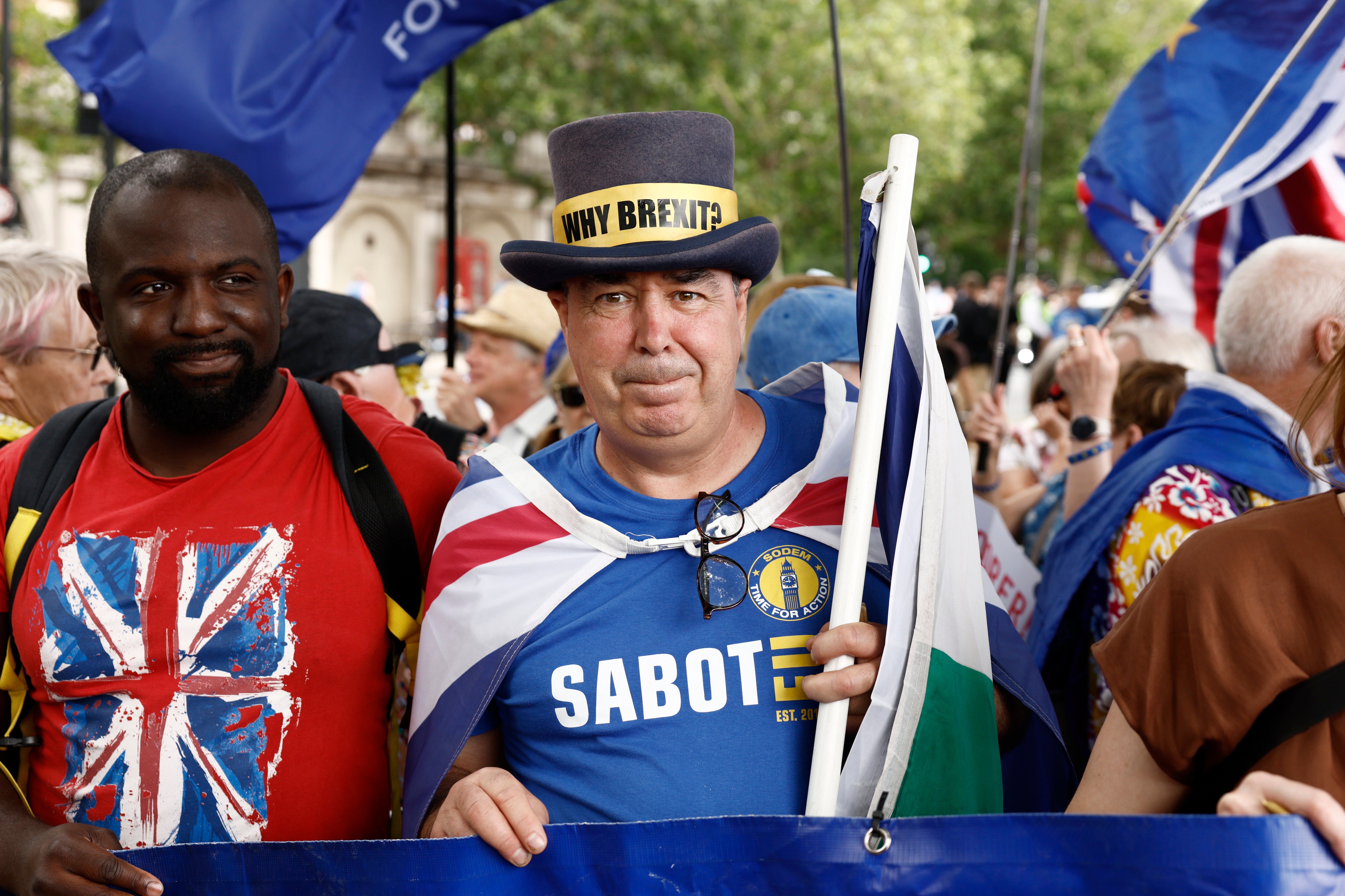 Pro-EU campaigner Femi Oluwole (left) and anti-Brexit campaigner Steve Bray join demonstrators for the Rejoin rally to mark the 10th anniversary of the EU Referendum in the UK, 20 June 2026