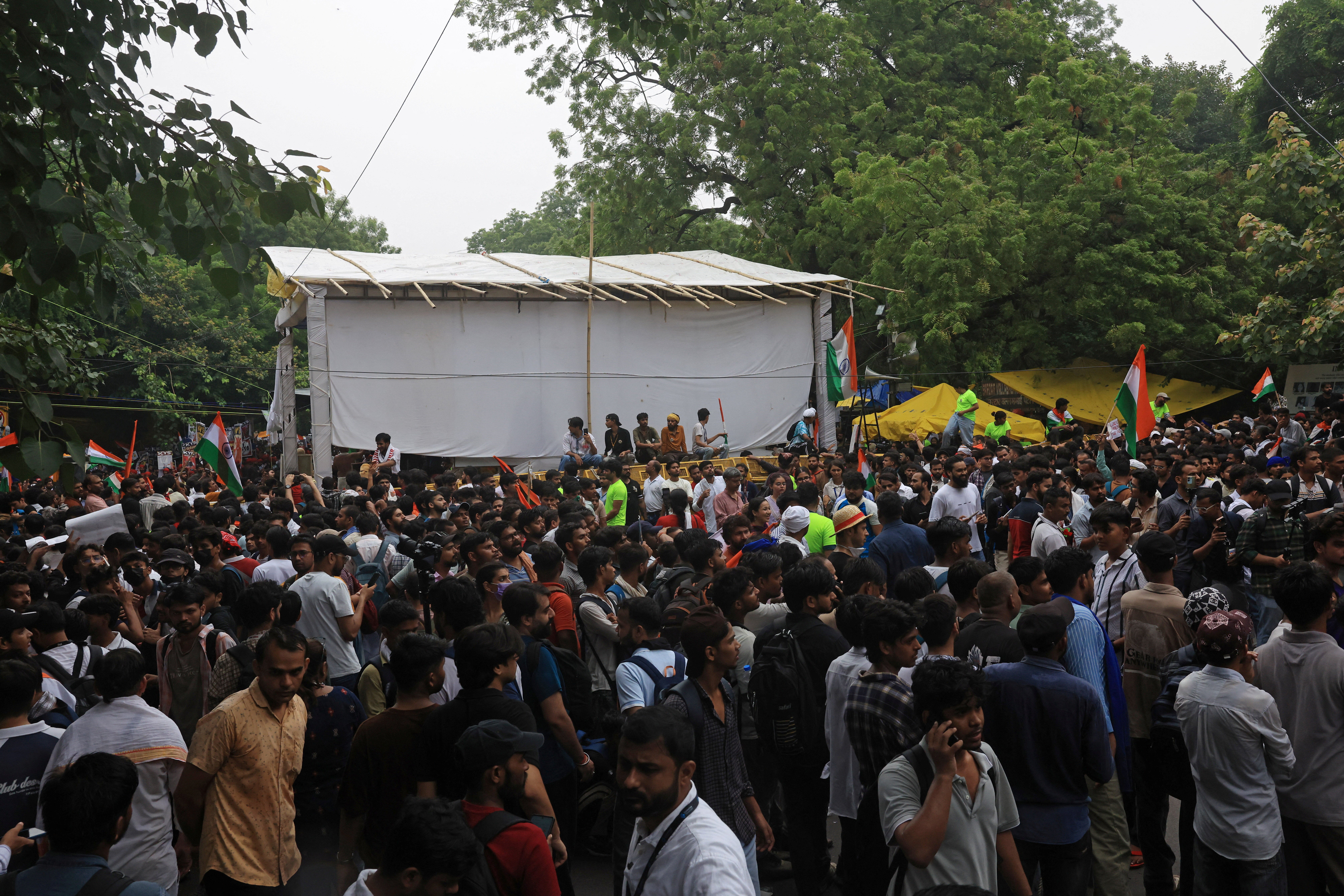 Protesters gather at Jantar Mantar ahead of their march towards the parliament in Delhi (Reuters)