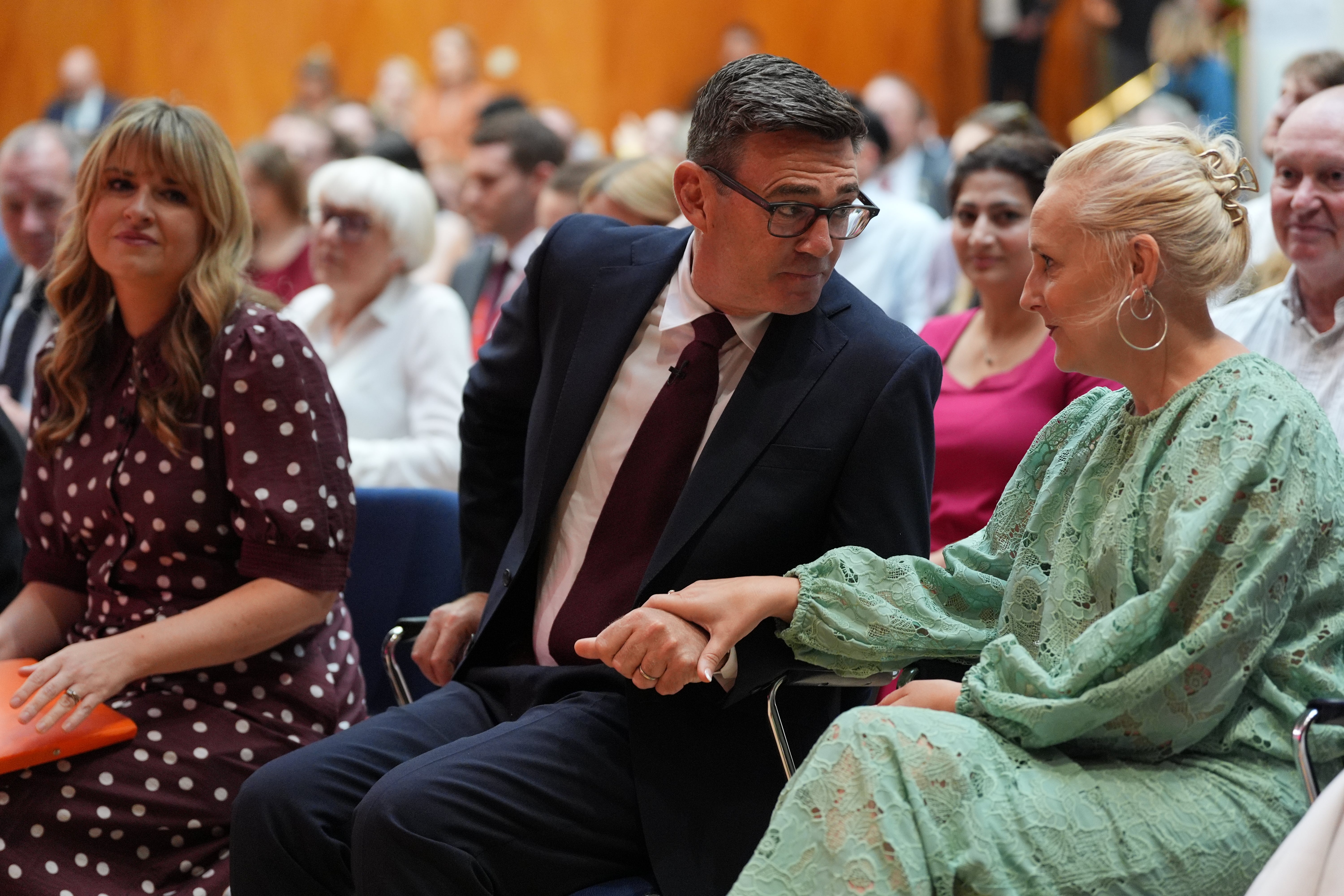 Andy Burnham spoke with his wife Marie-France van Heel ahead of being confirmed as the new leader of the Labour Party (Yui Mok/PA) (PA Wire)