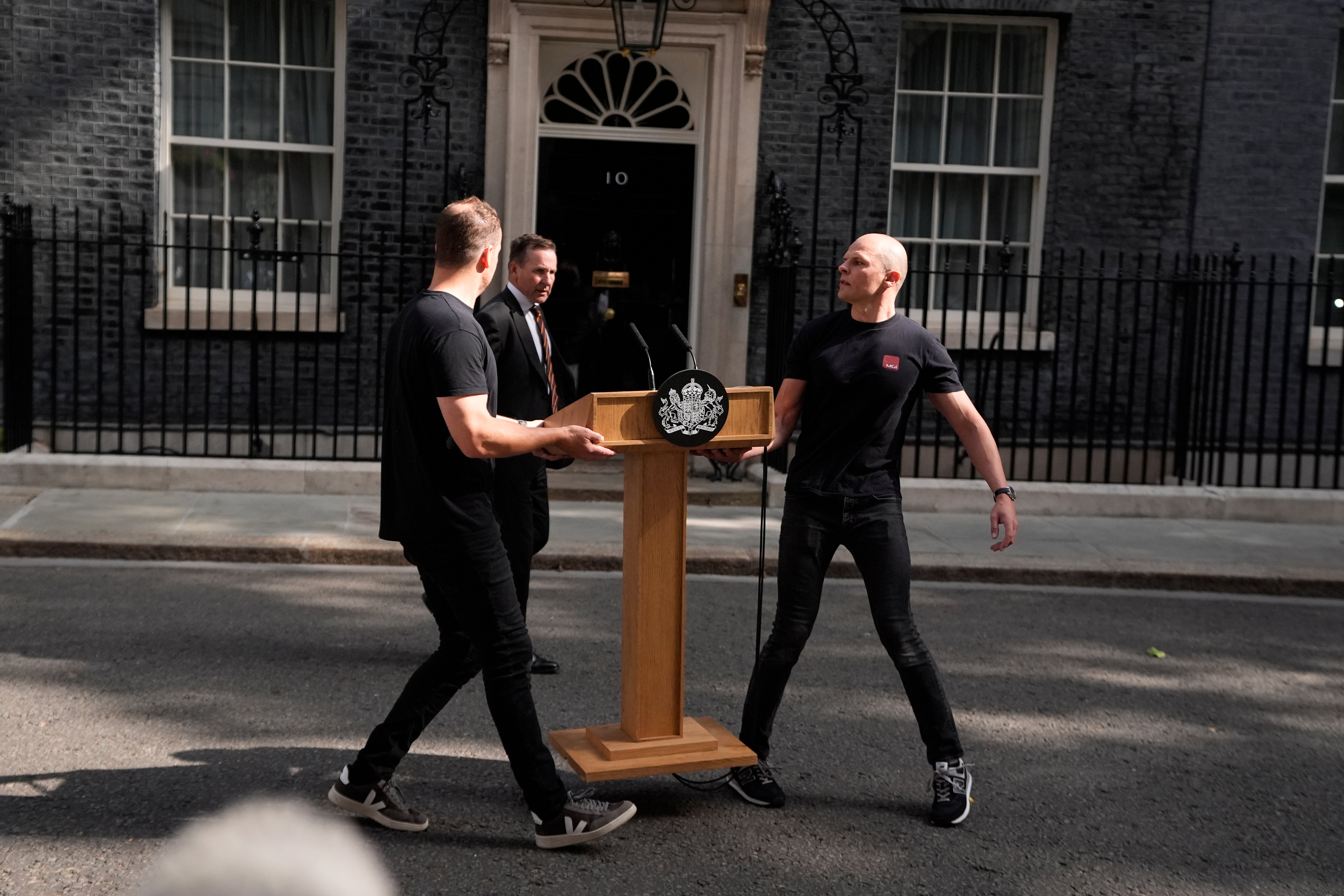 The lectern is positioned outside Downing Street ahead of Sir Keir’s resignation last month (PA)