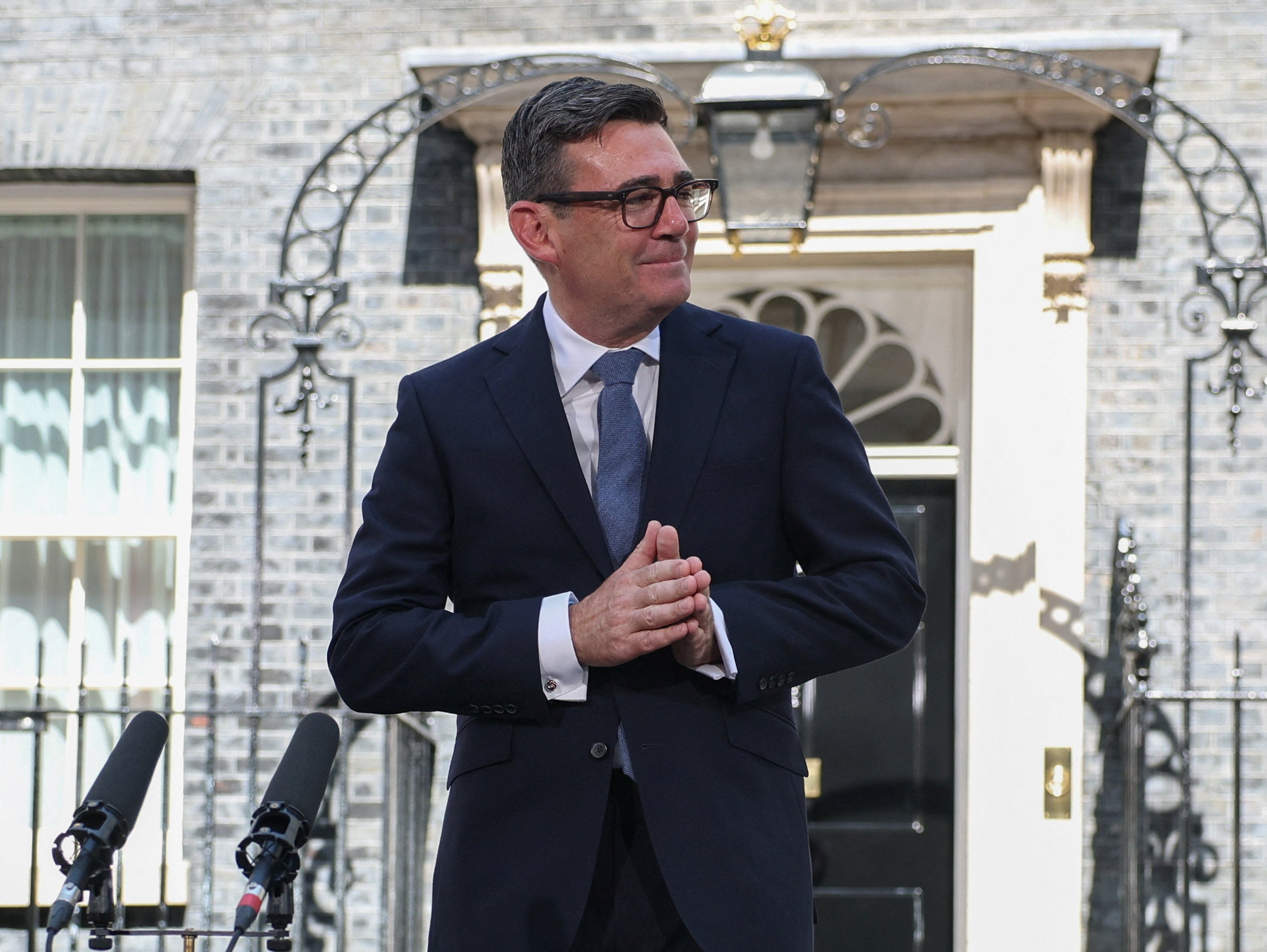 Andy Burnham delivers a speech outside 10 Downing Street