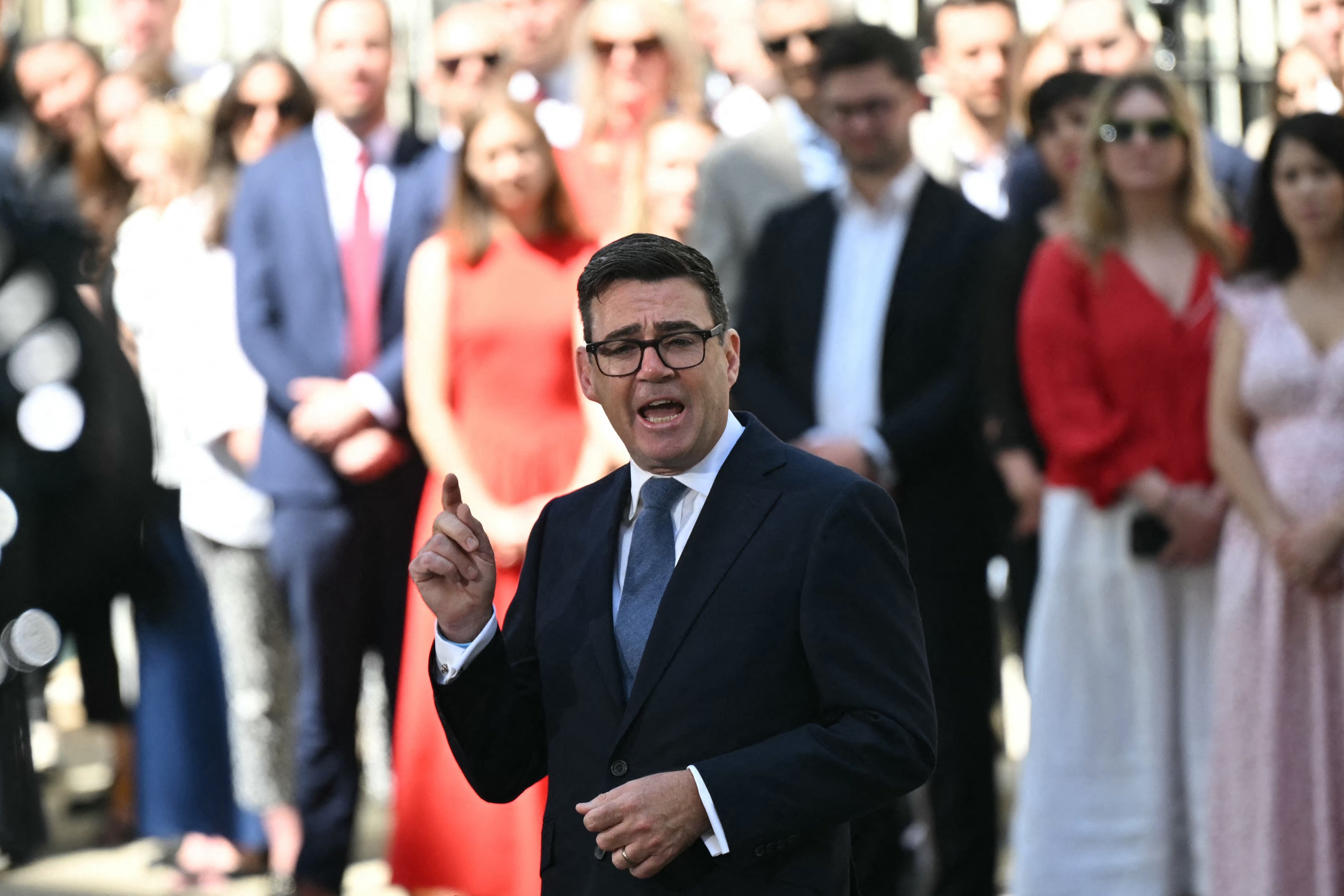 Britain's new Prime Minister Andy Burnham gives his first speech in front of 10 Downing Street in central London on July 20, 2026, after being asked by the king to form the next government. (AFP/Getty)