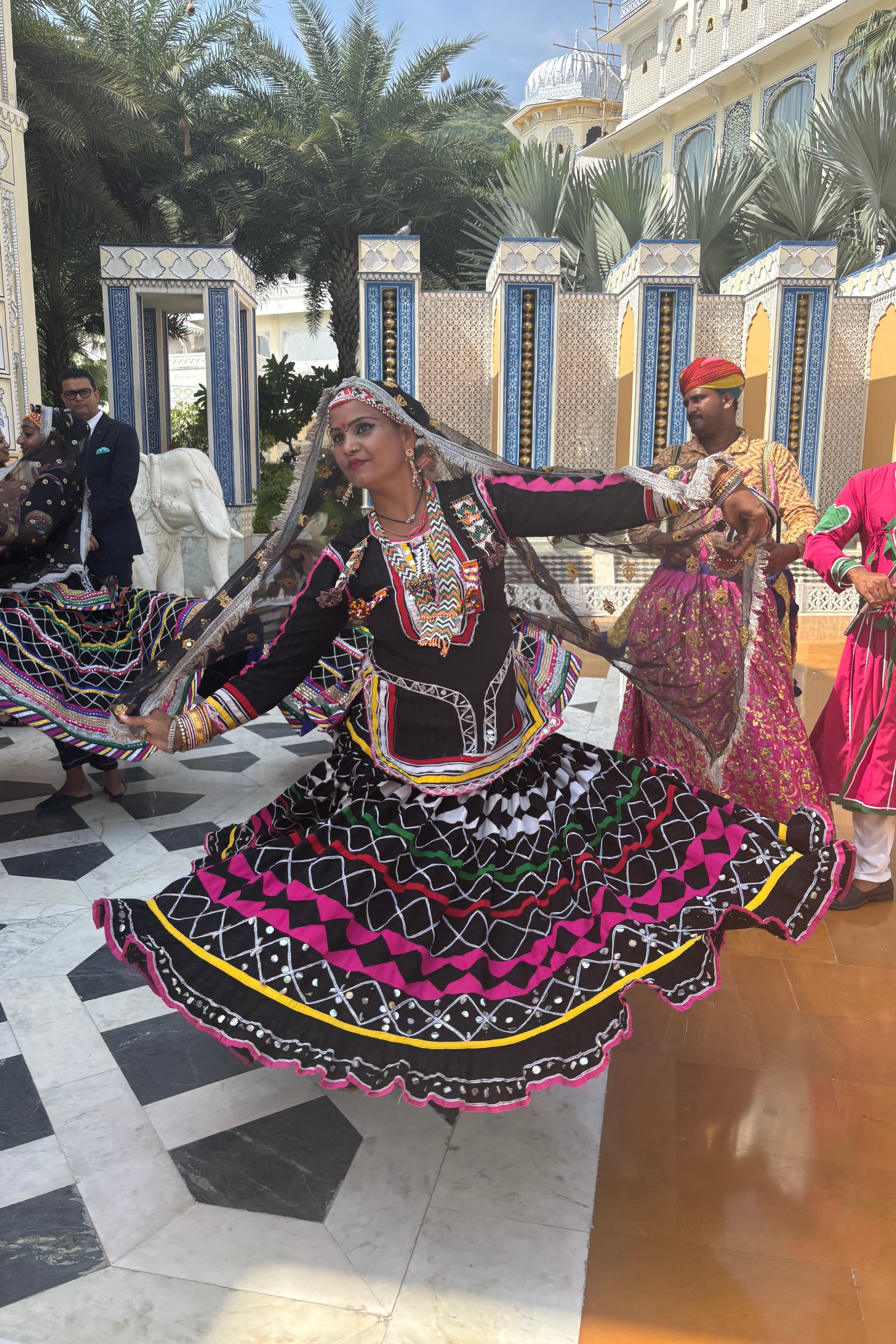 Traditional Kalbelia dancers and musicians greet guests on arrival at The Leela Palace Jaipur (Xenia Taliotis)