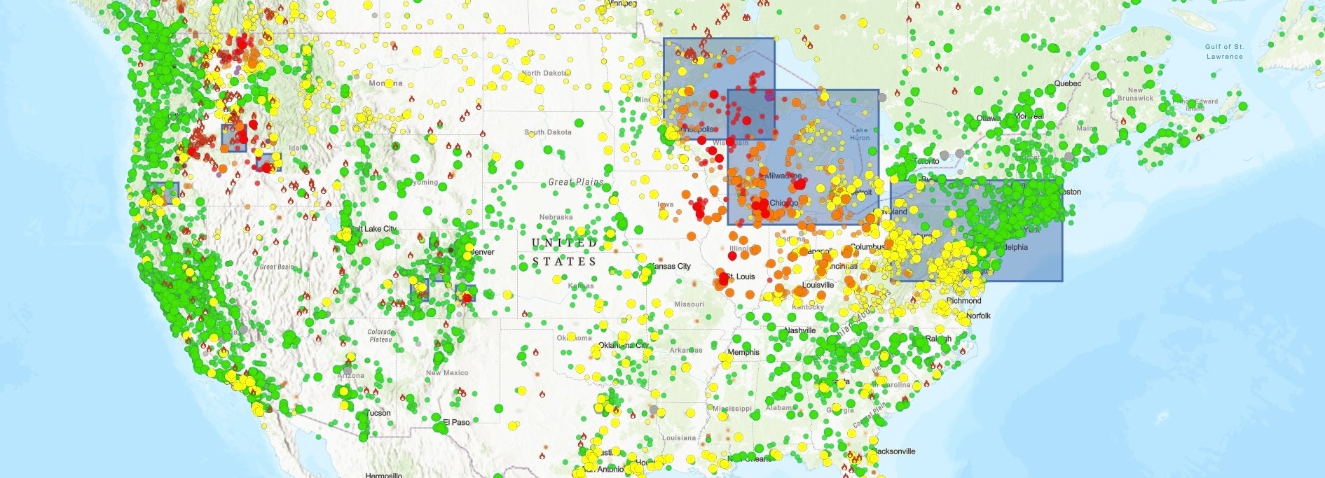 This government map shows areas impacted by fires and smoke across the U.S. Fires are seen in little icons across the U.S., with good air quality represented in green dots, moderate in yellow, unhealthy for sensitive groups in orange and unhealthy for everyone in red