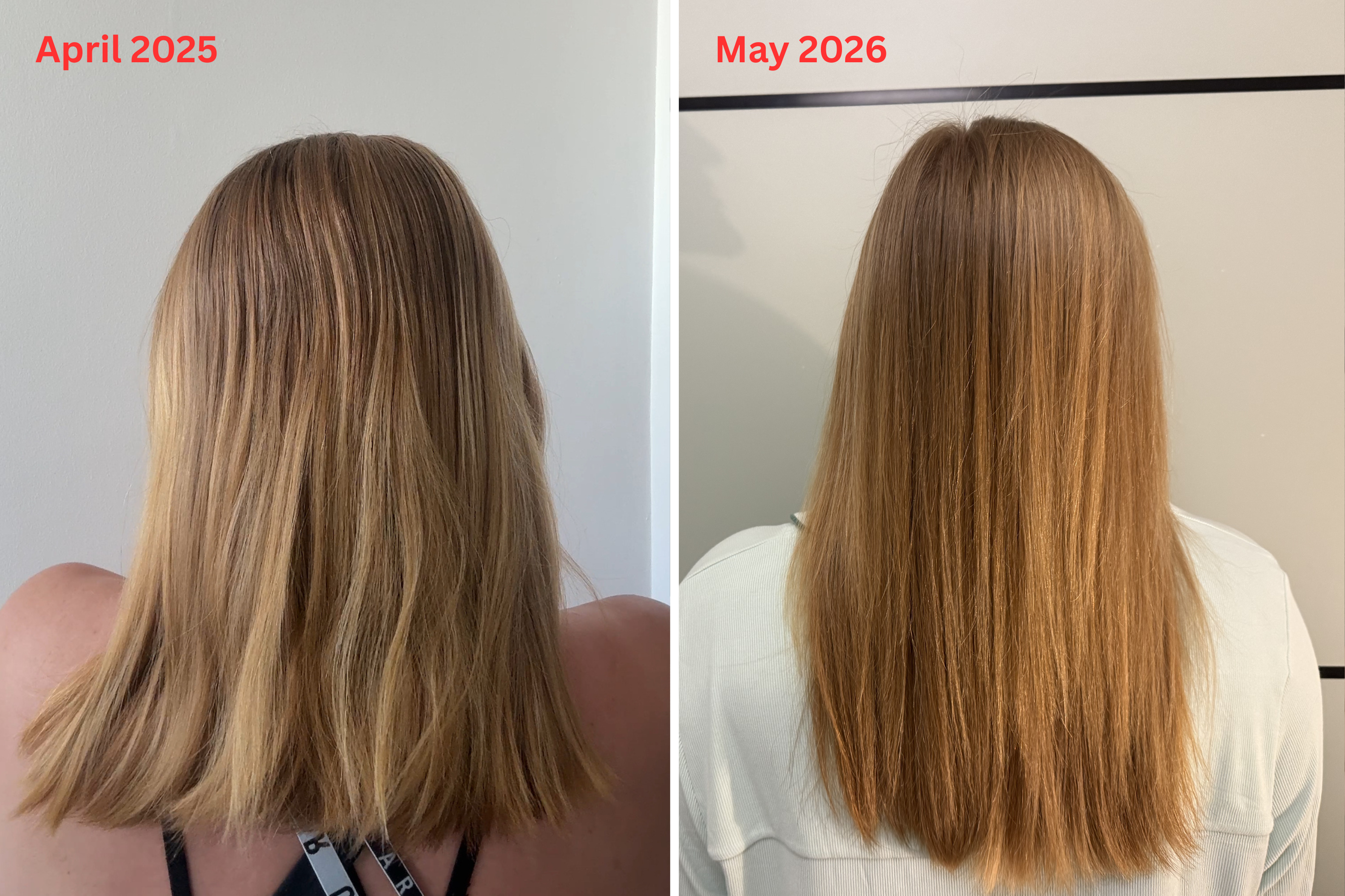 (Left) my hair before using a shower filter and (right) after using the shower head 2.0 and shower head+ in succession for more than a year (Lucy Smith/The Independent)