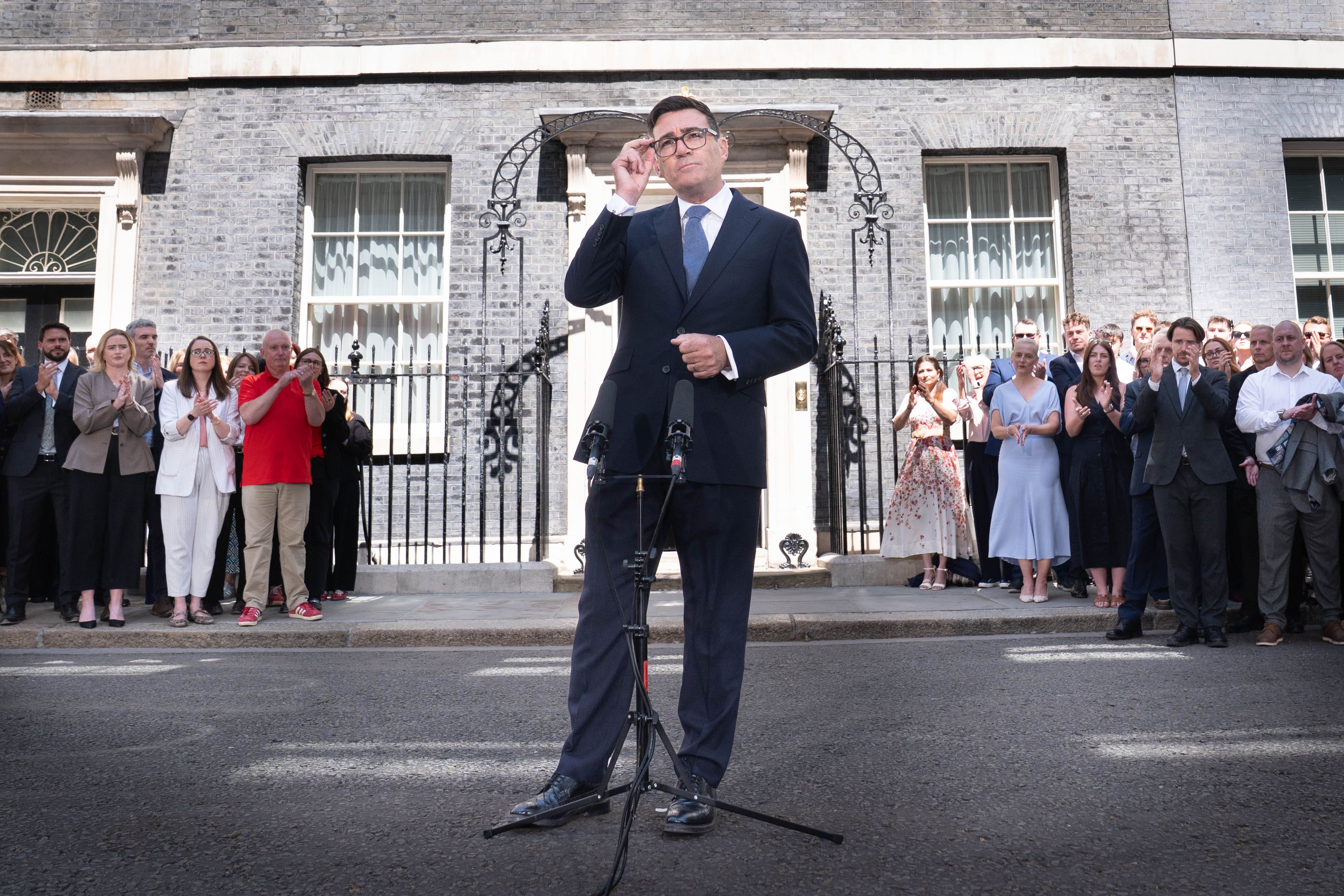 New Prime Minister Andy Burnham gives a speech outside 10 Downing Street on Monday