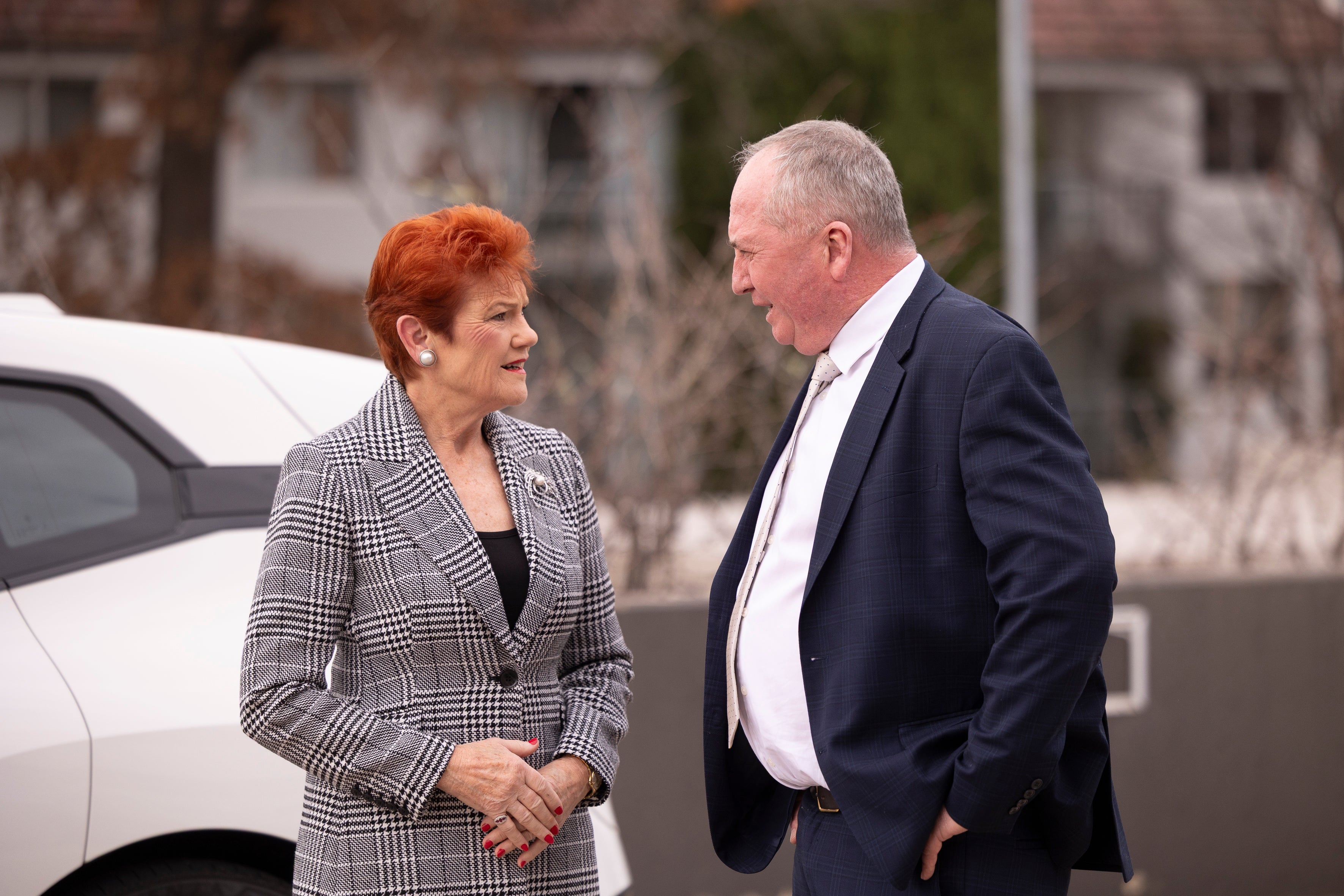 Pauline Hanson and Barnaby Joyce outside the National Press Club on 17 June