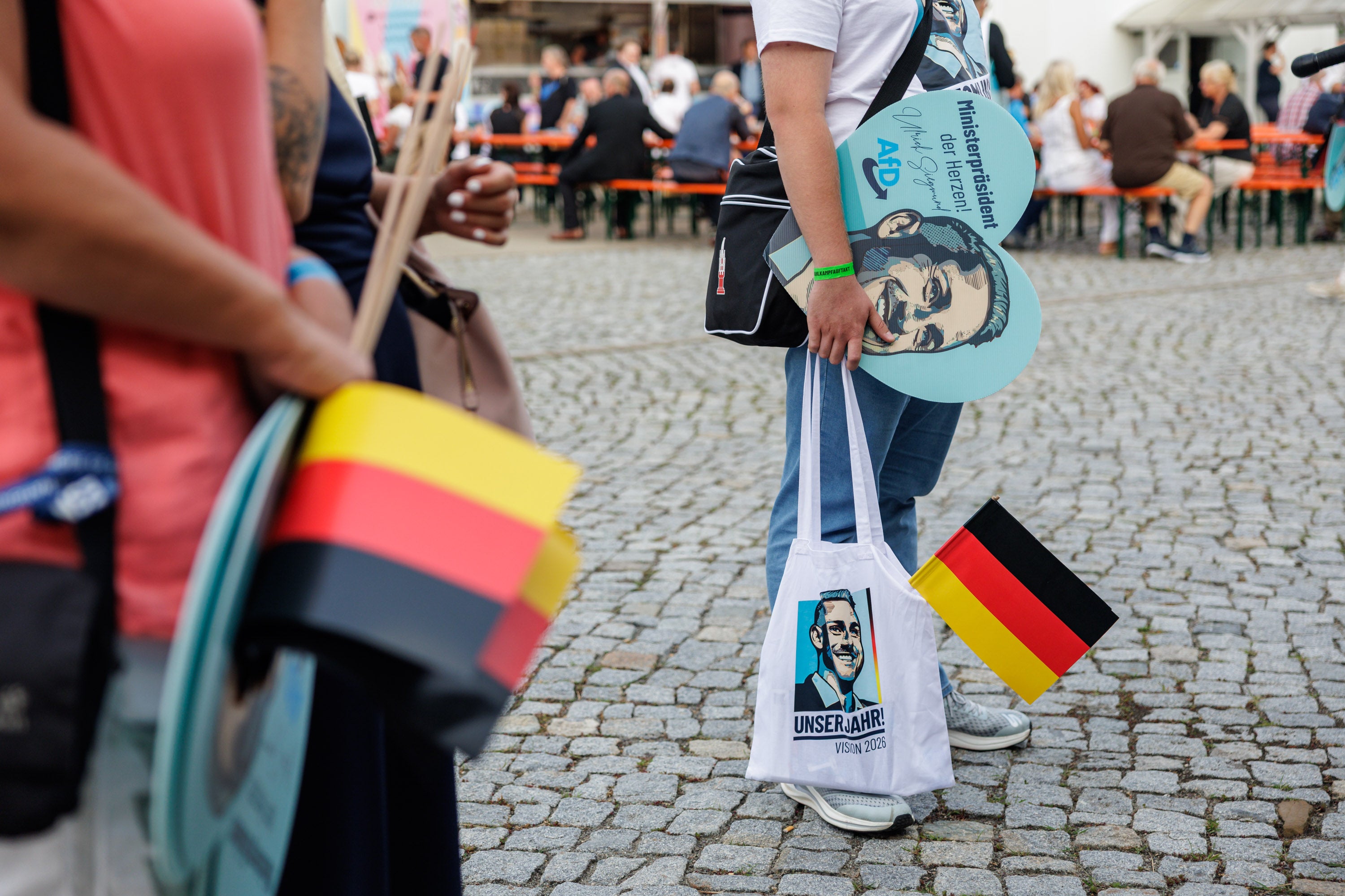 Supporters gather at the AfD election campaign launch event ahead of Saxony-Anhalt state elections on July 18, 2026 in Magdeburg, Germany