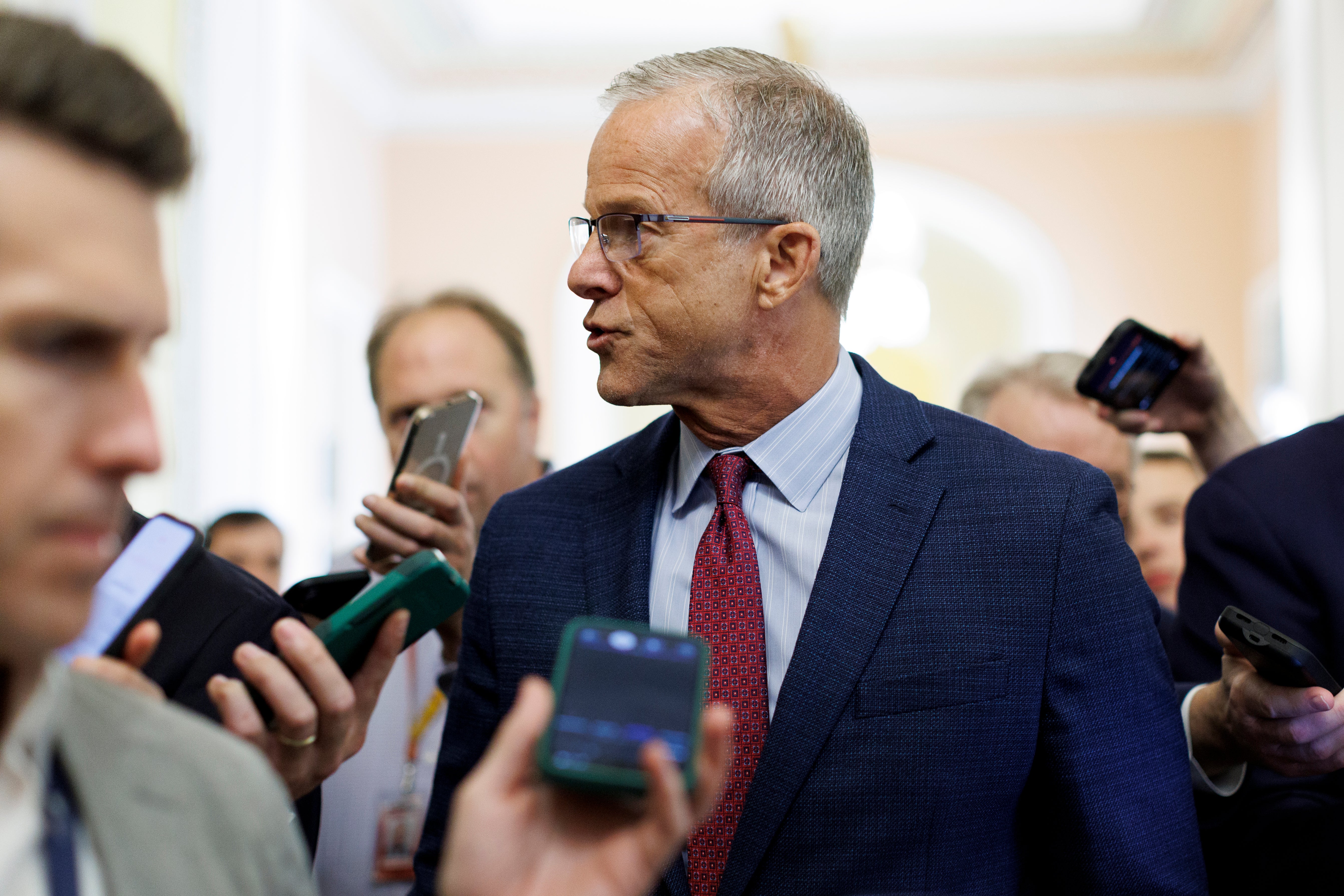 Senate Majority Leader John Thune, (R-S.D.) speaks to reporters before entering the Senate Chamber at the U.S. Capitol on July 20, 2026