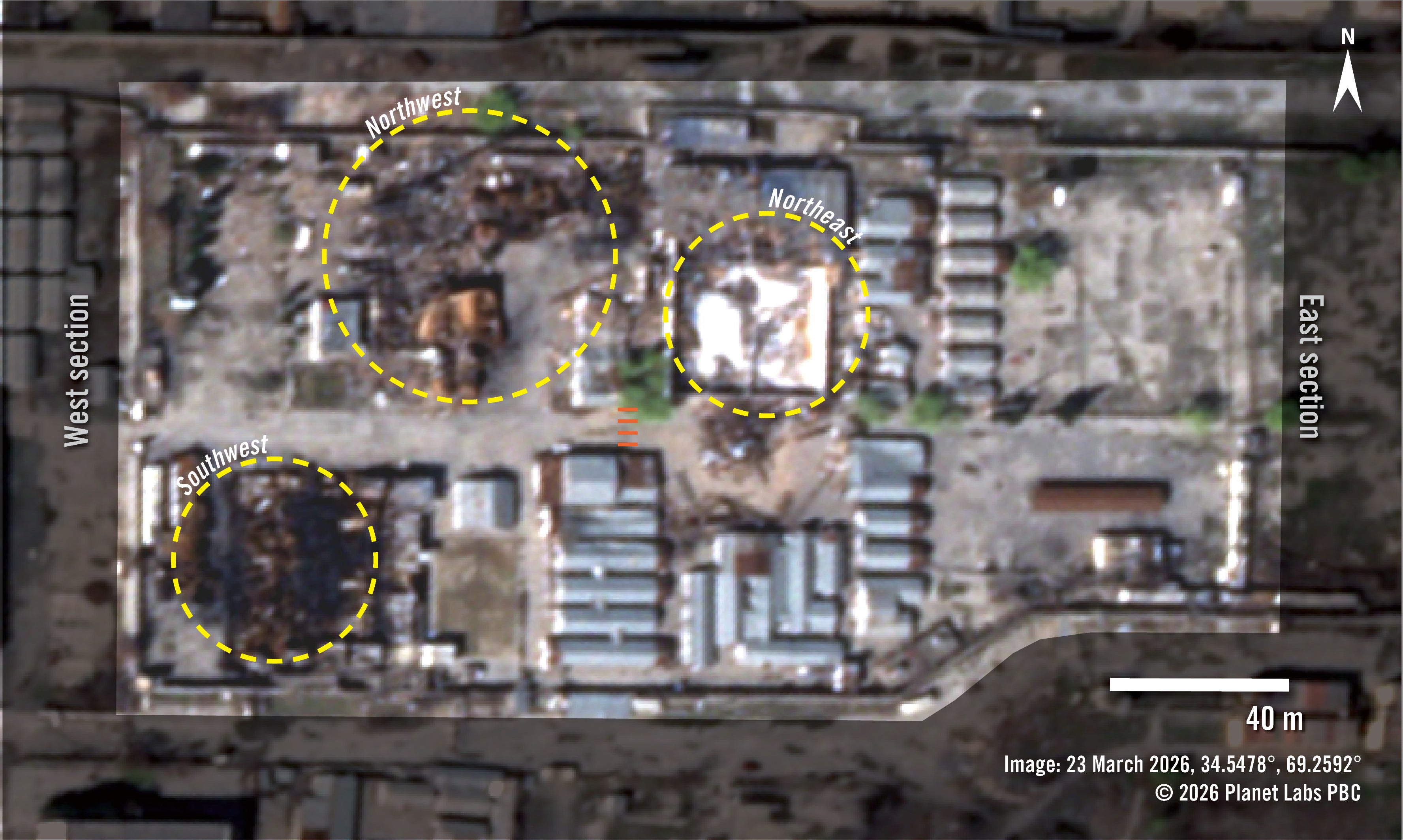 Satellite image from 23 March shows heavily damaged areas of the facility