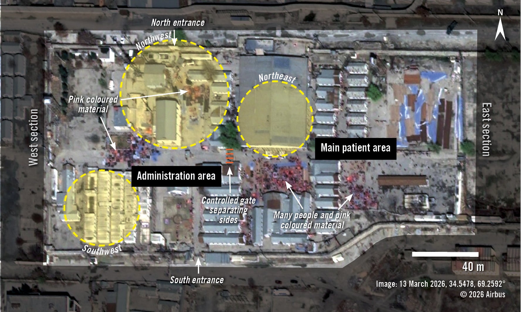 Satellite image shows the main patient and administration areas of the facility on 13 March 2026. The areas most heavily impacted by the attack later are highlighted in yellow