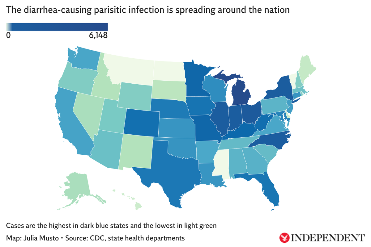 Mapped: More than 10,000 cases of diarrhea-causing parasite now reported across US – UK Times Mapped: More than 10,000 cases of diarrhea-causing parasite now reported across US – UK Times