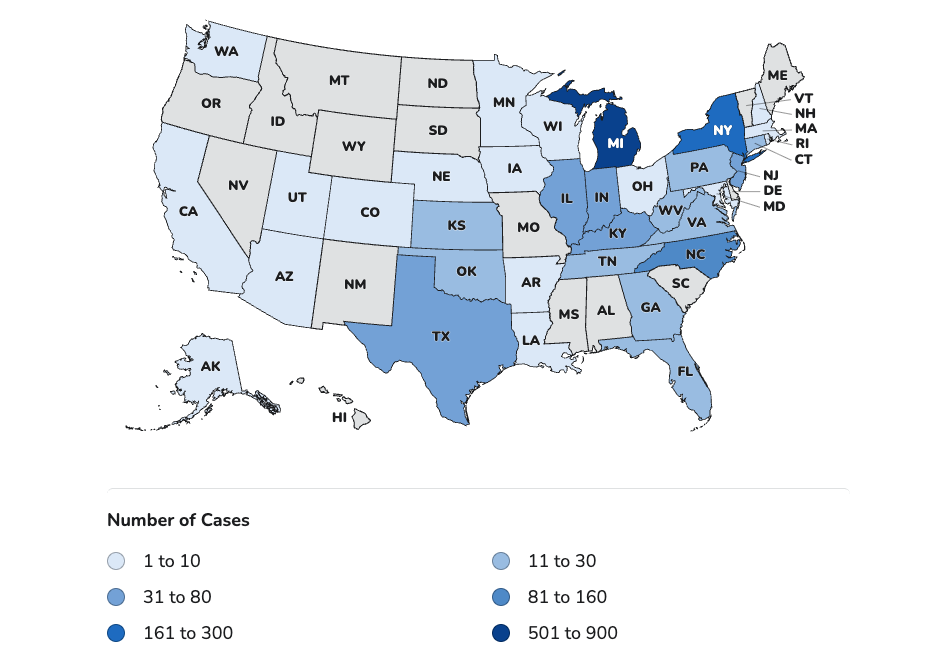 This map shows cyclosporiasis cases that have been confirmed by the Centers for Disease Control and Prevention. The agency’s data is lagging behind state counts