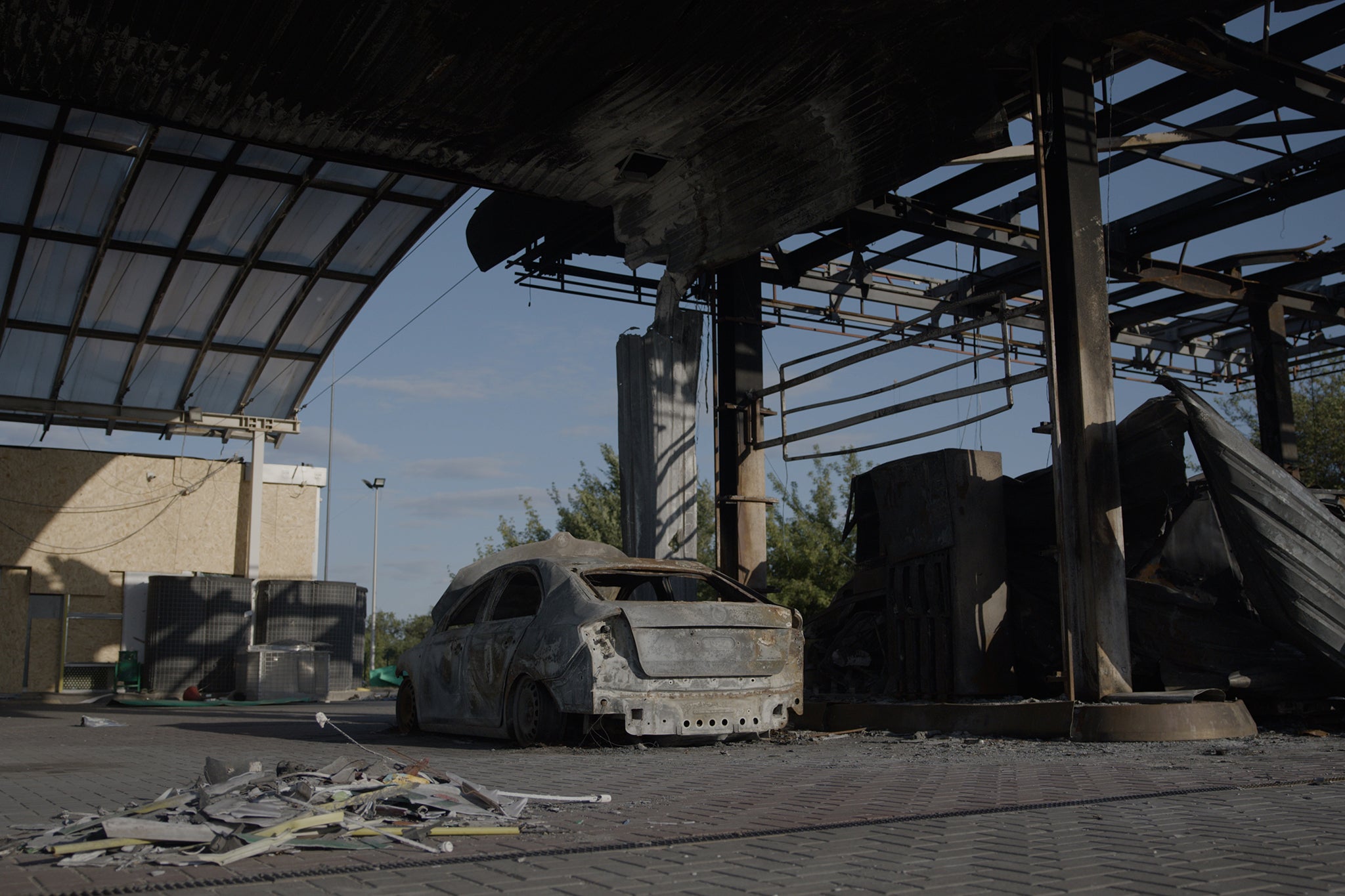 A destroyed petrol station in eastern Ukraine