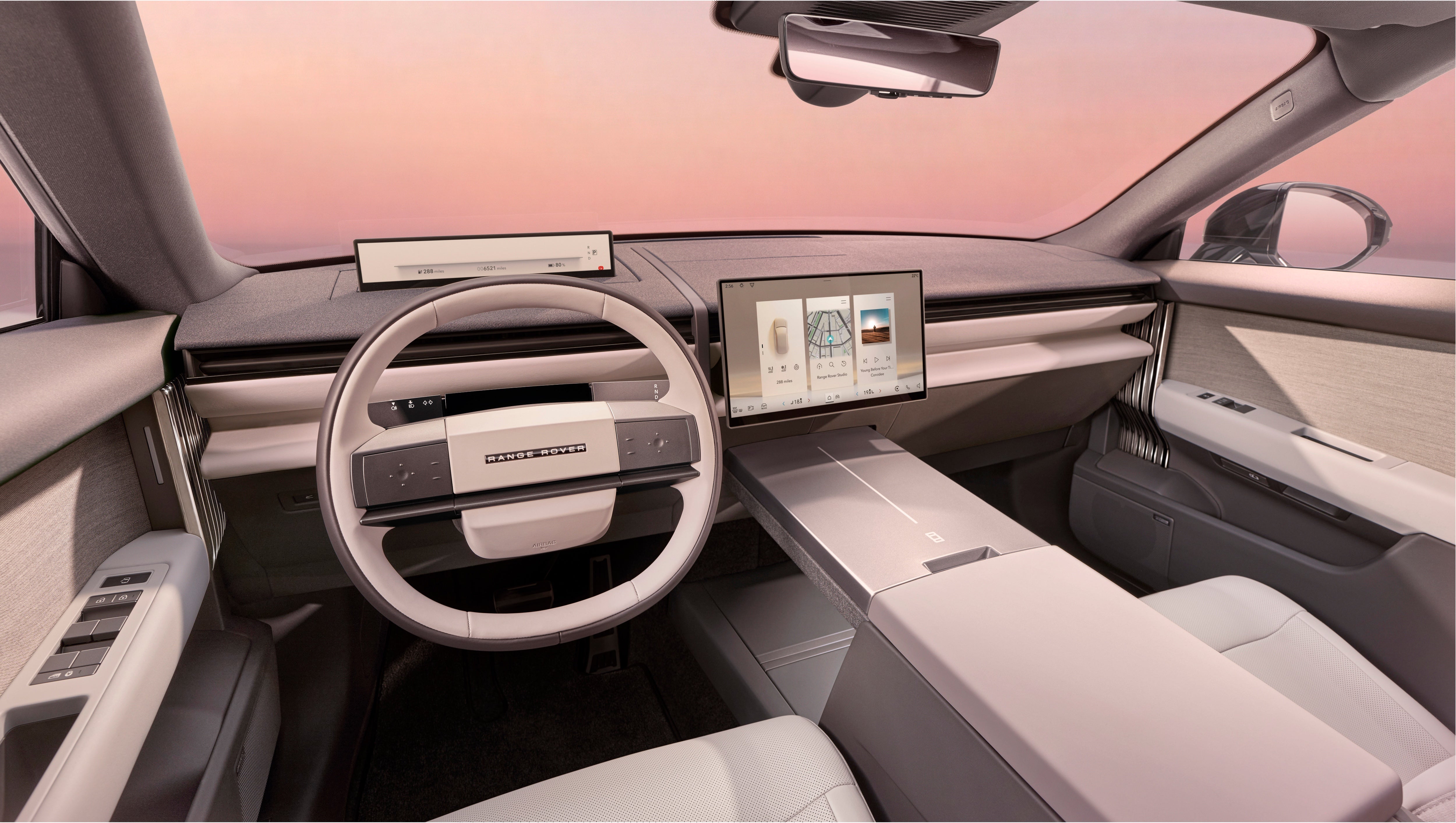 The Range Rover GT features a large central touchscreen and slim driver display. The gear selector has been moved to a stalk behind the steering wheel