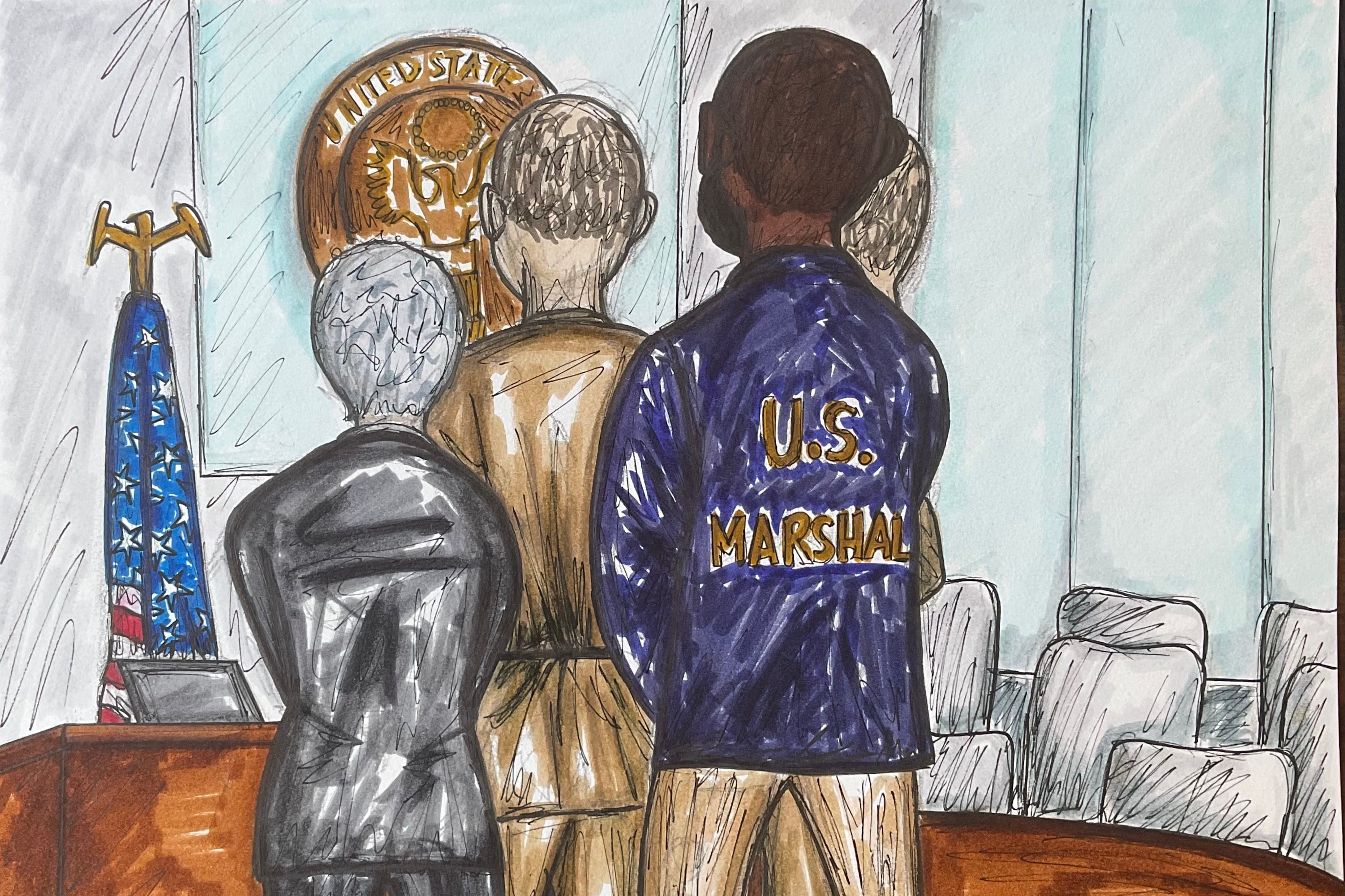In this courtroom sketch, Andrew and Tristan Tate appear with their attorneys before Judge Lauren Louis in Miami federal court (AP)