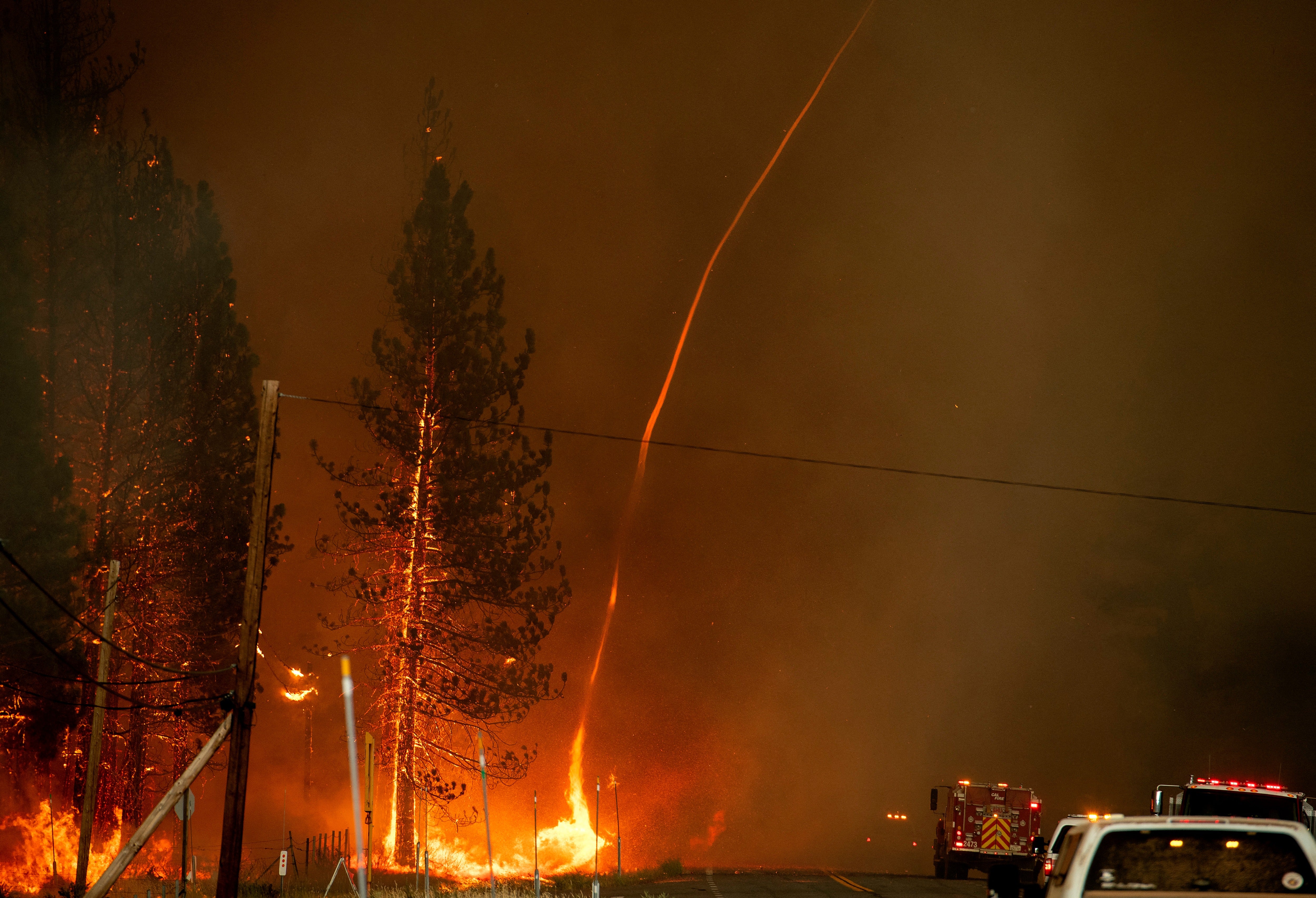 A fire whirl – or firenado – shoots into the sky amid the Hog fire in Susanville, California, in July 2020