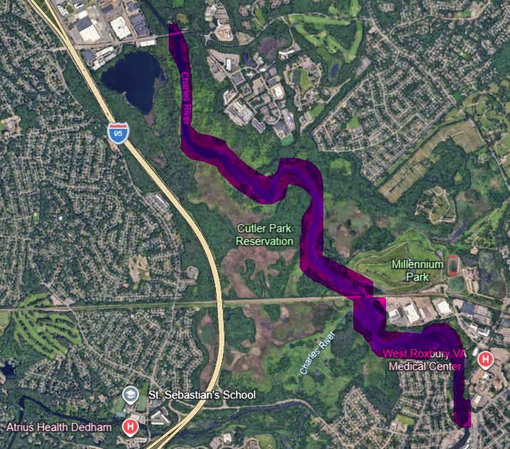 Massachusetts health officials provided a map highlighting the areas of the Charles River under a precautionary cyanobacteria advisory while testing is completed following the incident