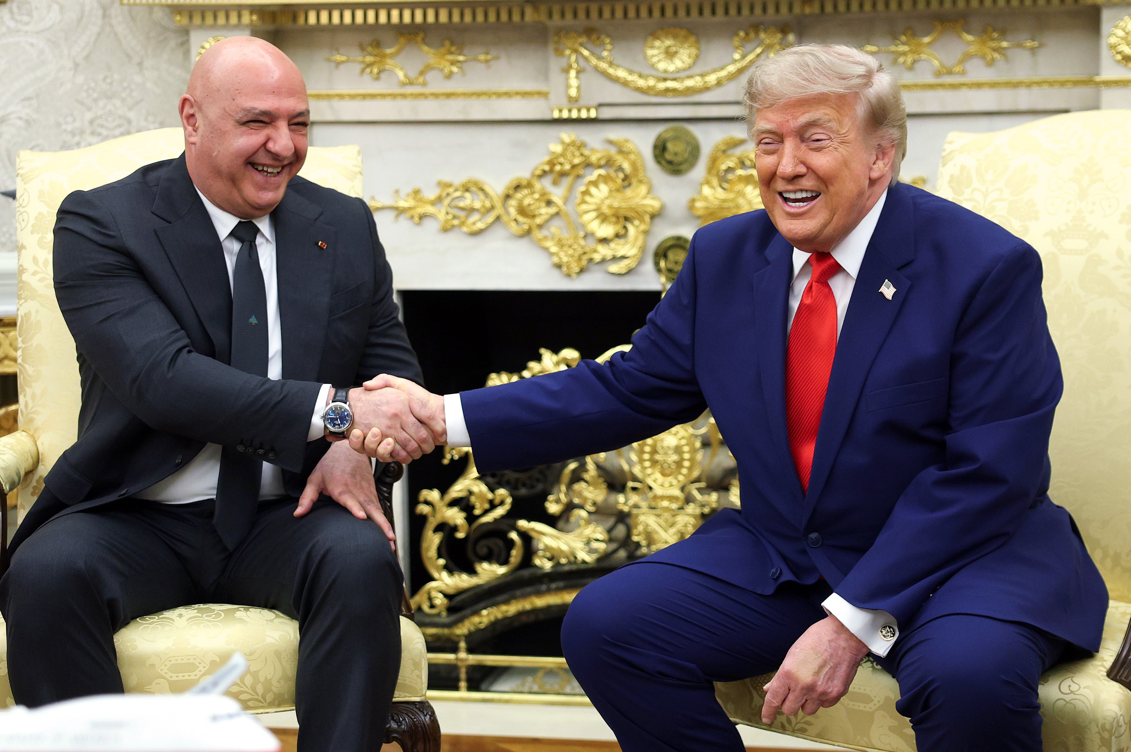 President Donald Trump shakes hands with President of Lebanon Joseph Aoun (Getty)