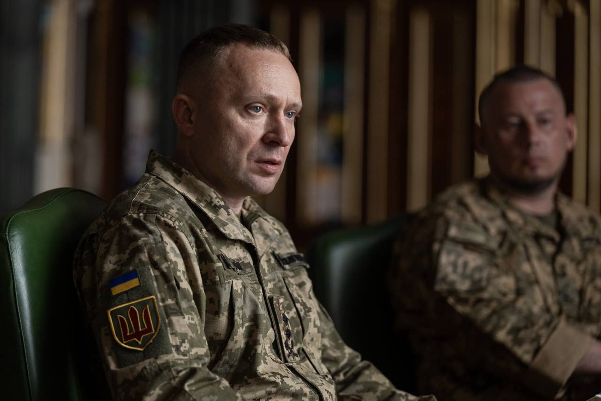 New commander-in-chief of Ukraine's Armed Forces Mykhailo Drapatyi looks on during his meeting with Ukrainian president Volodymyr Zelensky in Kyiv
