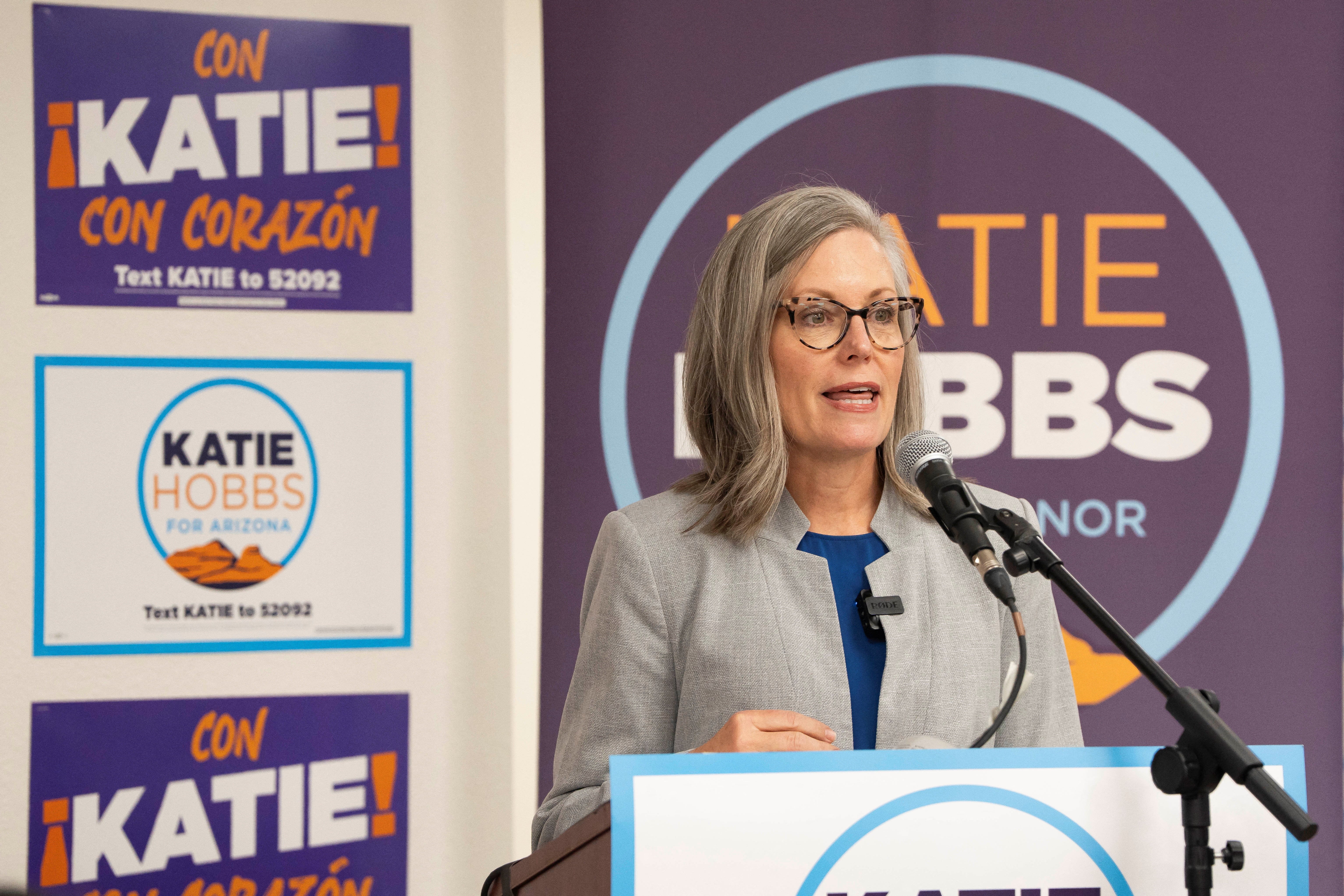 Arizona Governor Katie Hobbs speaks to volunteers participating in a phone bank during Arizona’s primary election in Phoenix