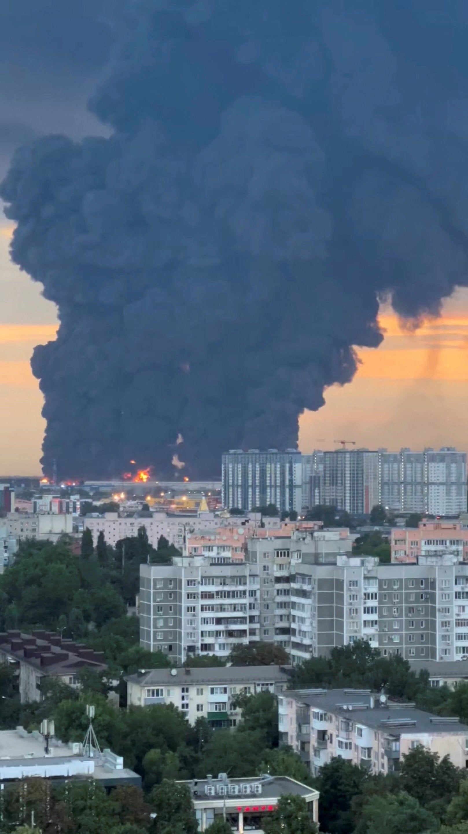 Smoke rises from a Wildberries warehouse on fire after an attack in Krasnodar, Russia, July 22 (Reuters)
