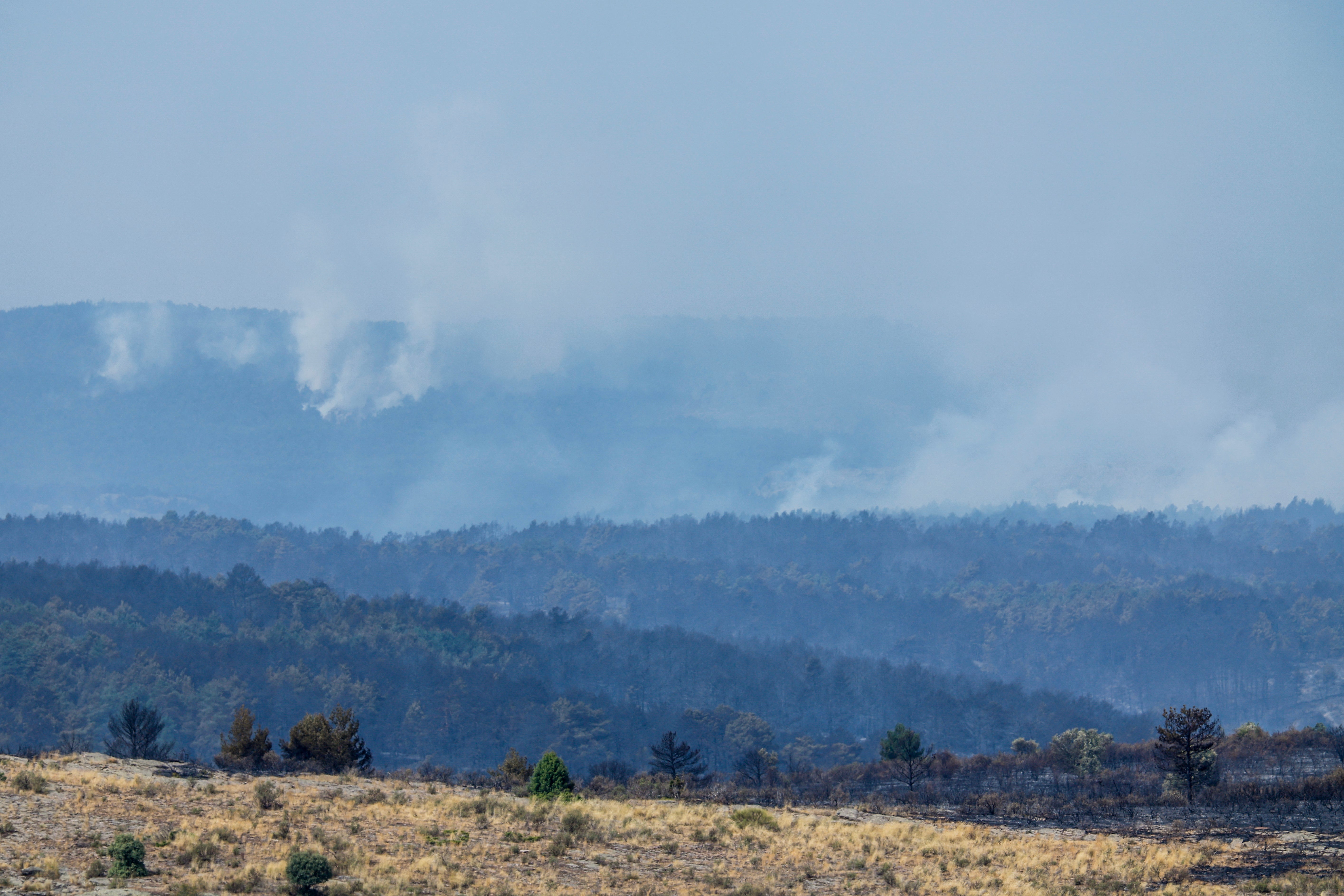 Smoke from a wildfire is seen near the town of Albendiego, in the Guadalajara province north of Madrid