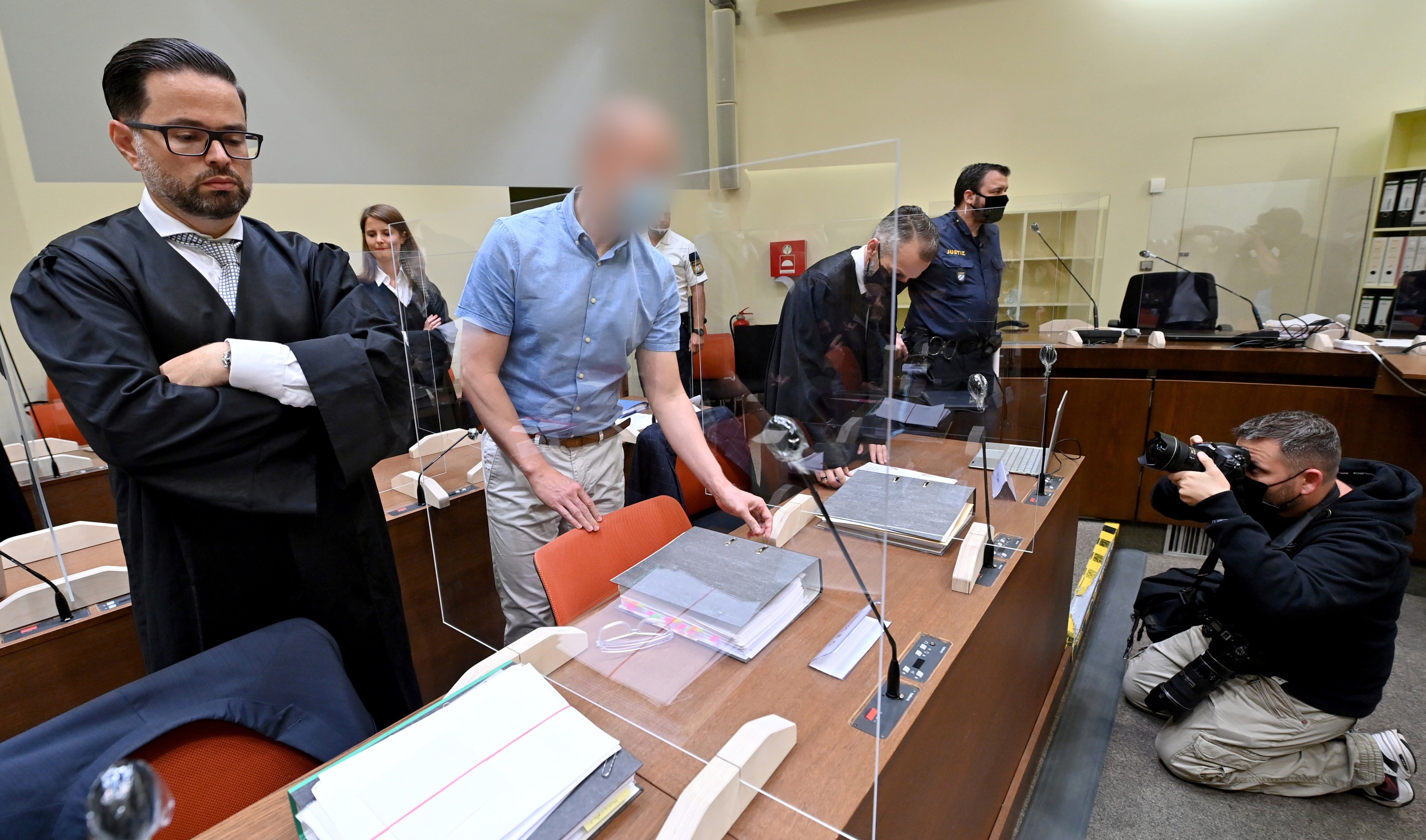 Mark Schmidt, whose face is blurred, during his trial in Munich, September 2020