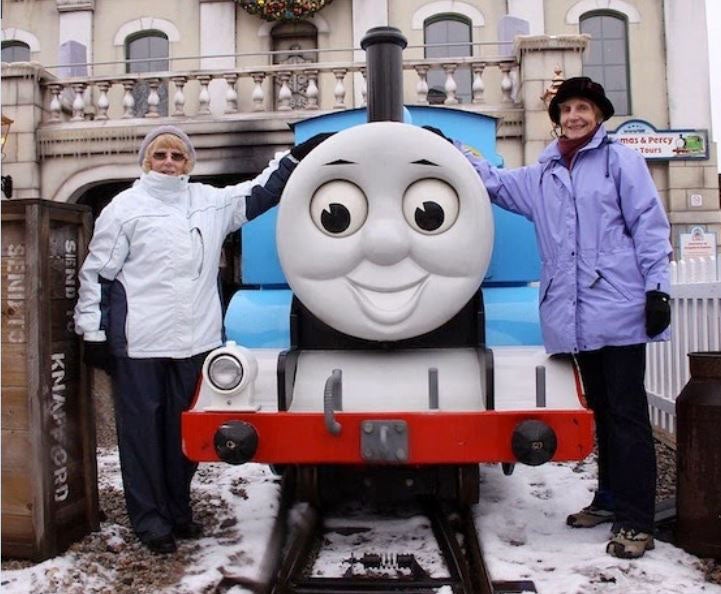 Hilary Fortnum and Veronica Chambers, two of Reverend Awdry’s children, with Thomas The Tank Engine