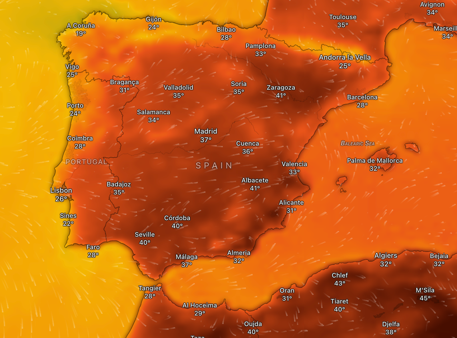 Parts of Spain will be hotter than North Africa this week. Map shows expected temperatures on Thursday afternoon around 4pm