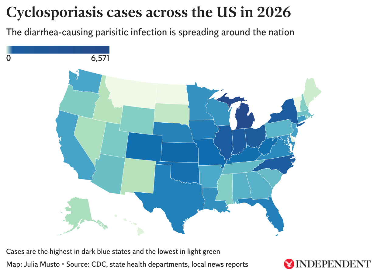 This map created using state and local case counts shows where cyclosporiasis cases across the U.S. are the highest and lowest. The states with the highest number of cases are seen in dark blue and the states with the lowest number of cases are seen in lighter greens